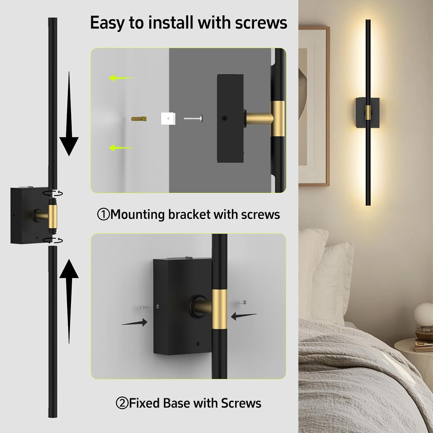 iThird Battery Operated Wall Sconces Set of 2: 10000mAh Rechargeable Wall Lights with Remote Control, 360° Rotate Wireless Wall Scone Decor for TV/Mirror Bedroom Living Room, 31.5 Inch, Black - Image 9