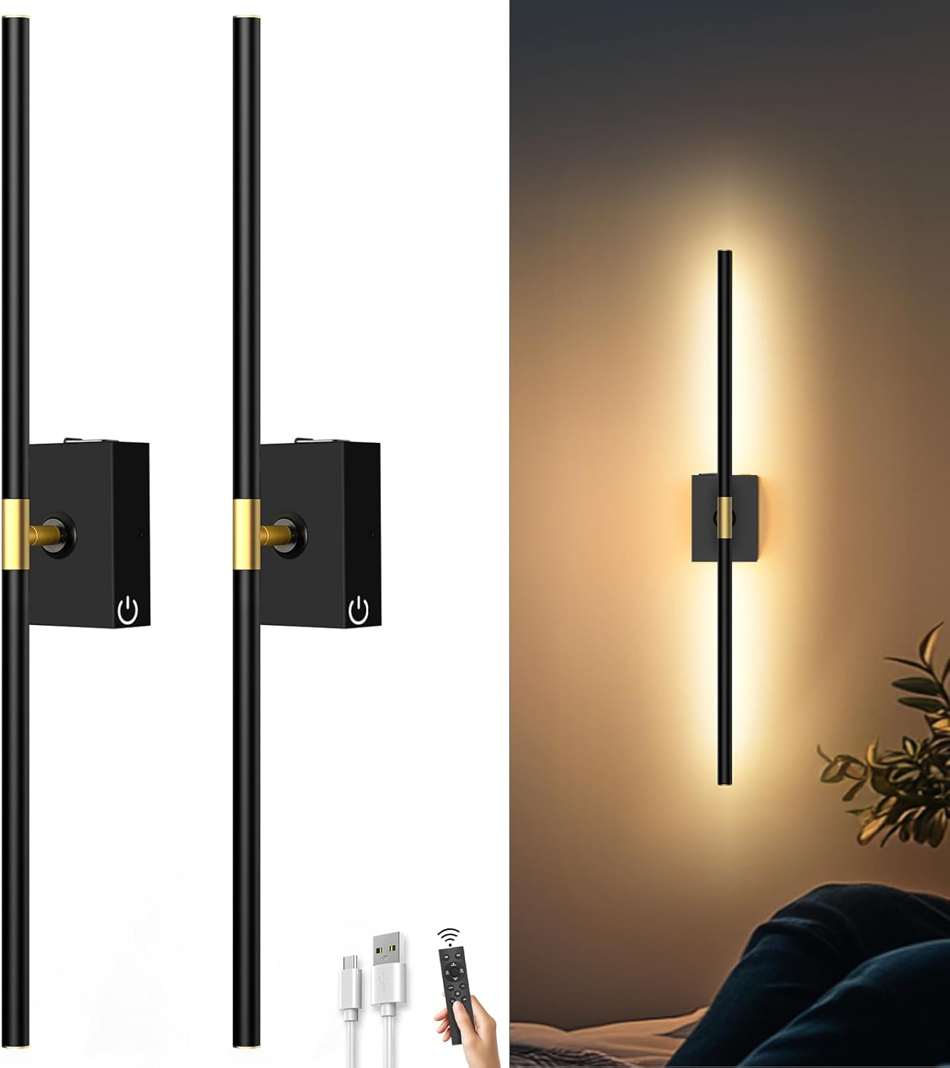 iThird Battery Operated Wall Sconces Set of 2: 10000mAh Rechargeable Wall Lights with Remote Control, 360° Rotate Wireless Wall Scone Decor for TV/Mirror Bedroom Living Room, 31.5 Inch, Black