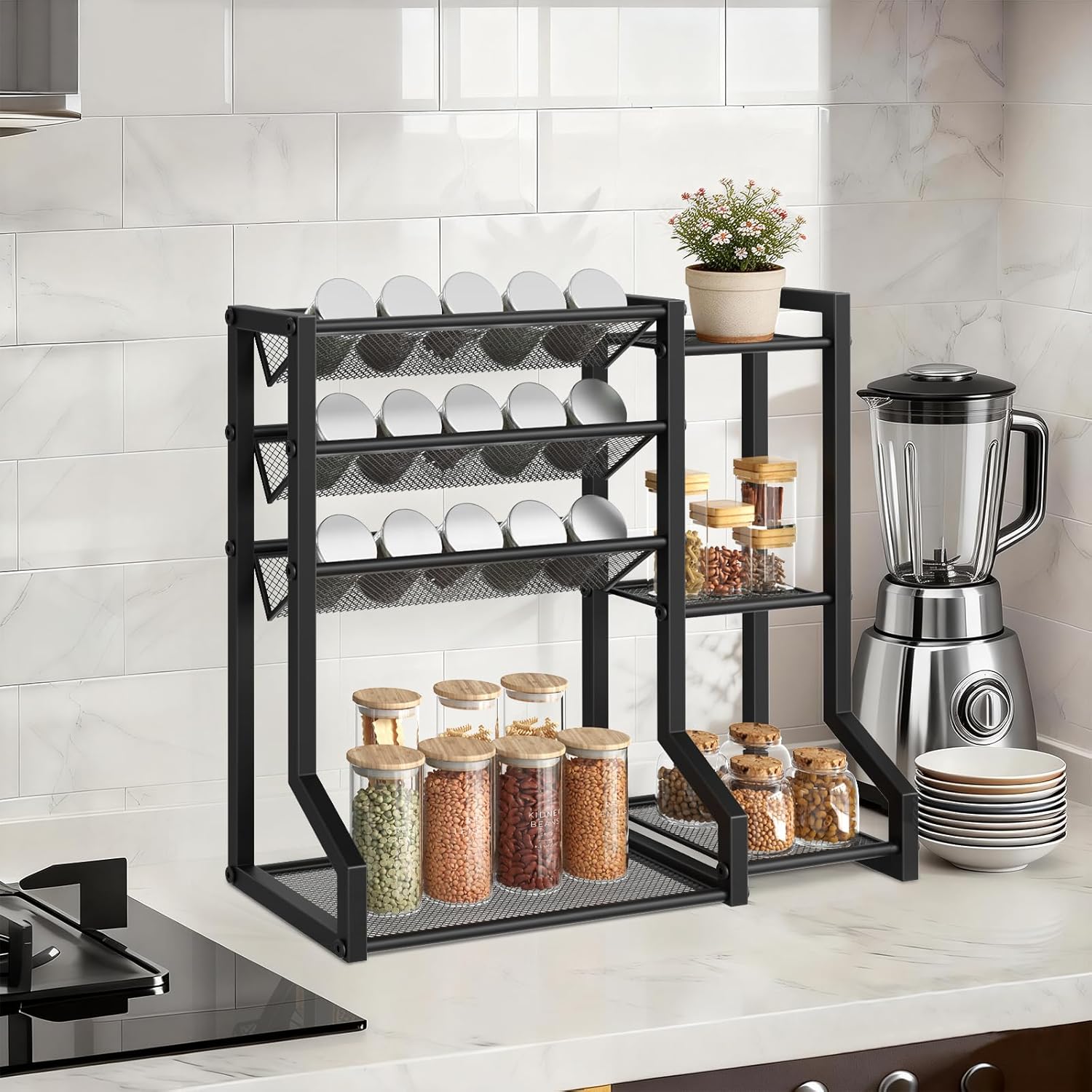 HOOBRO 4-Tier Spice Rack, Seasoning Organizer, Stackable Spice Rack Organizer, Spice Jar Storage Organizer, for Kitchen, Cupboard, Countertop, Black BK48TL01 - Image 4