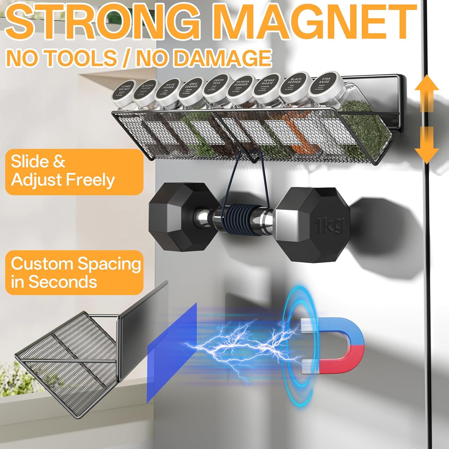 Magnetic Spice Rack for Refrigerator, 4 Pack 100% Metal Strong Magnet Fridge Shelves, 14-16.5 inch, Space Saving Spice Organizer Tilt, No Drilling Moveable Home Kitchen Laundry Storage Organization - Image 3