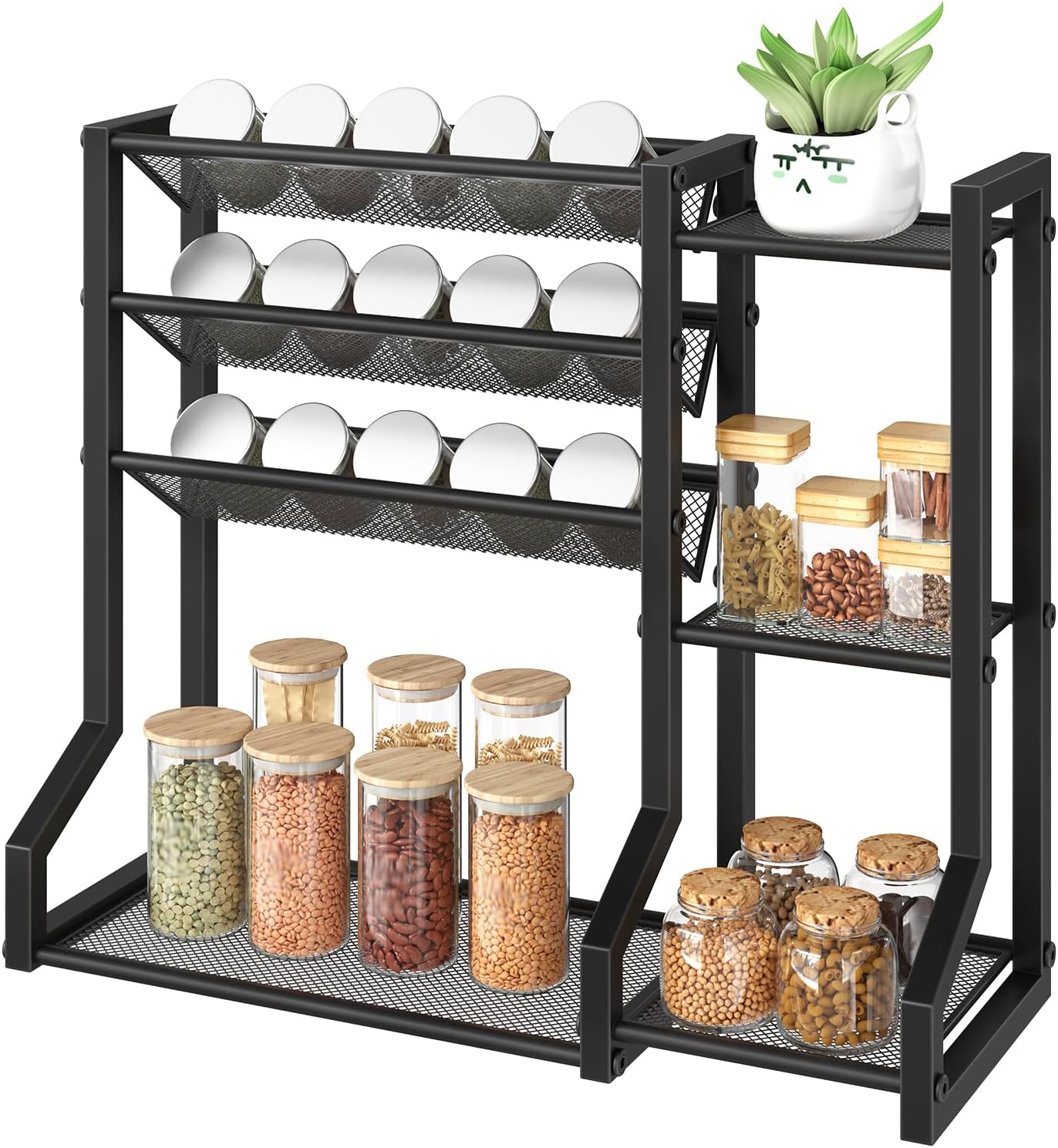 HOOBRO 4-Tier Spice Rack, Seasoning Organizer, Stackable Spice Rack Organizer, Spice Jar Storage Organizer, for Kitchen, Cupboard, Countertop, Black BK48TL01