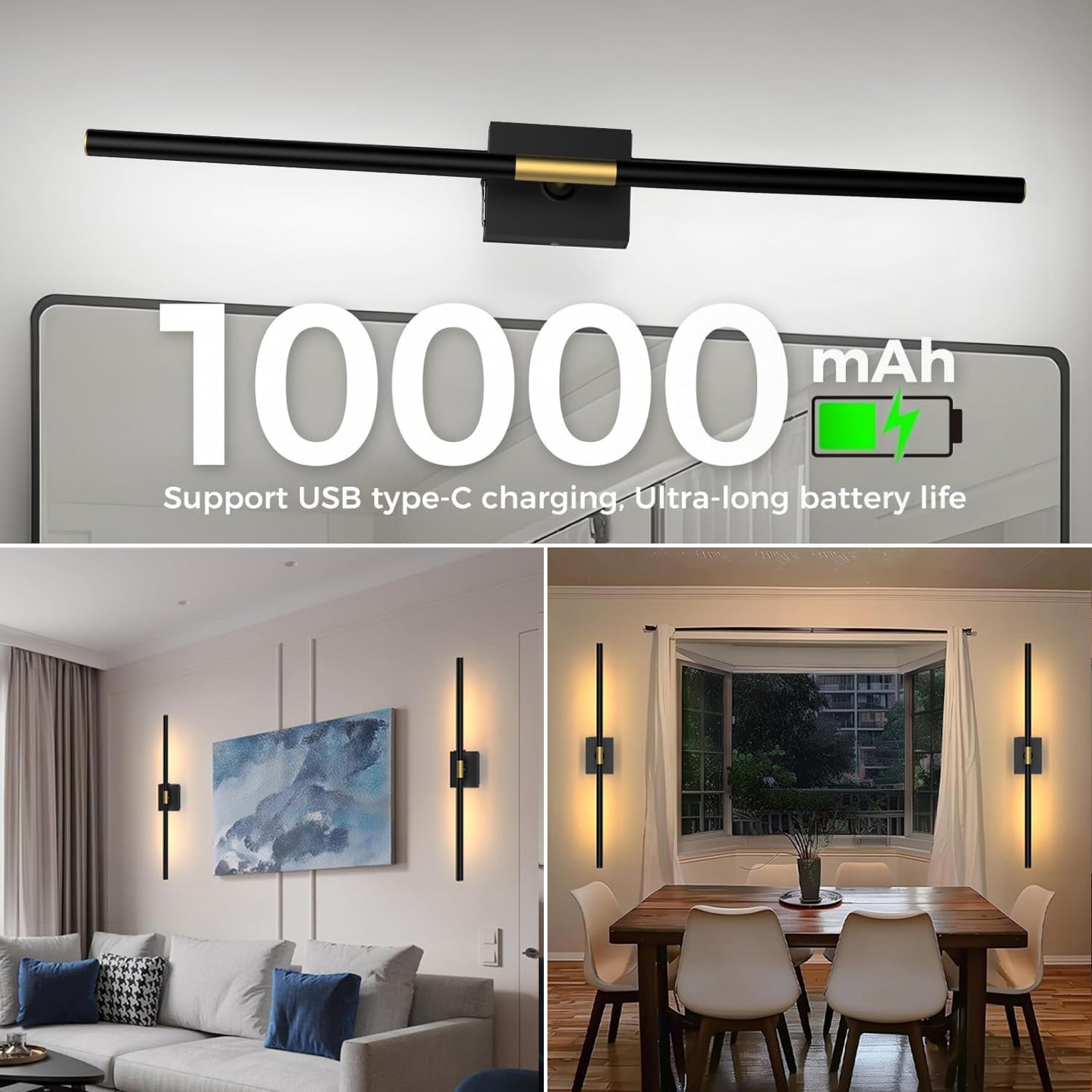 iThird Battery Operated Wall Sconces Set of 2: 10000mAh Rechargeable Wall Lights with Remote Control, 360° Rotate Wireless Wall Scone Decor for TV/Mirror Bedroom Living Room, 31.5 Inch, Black - Image 4