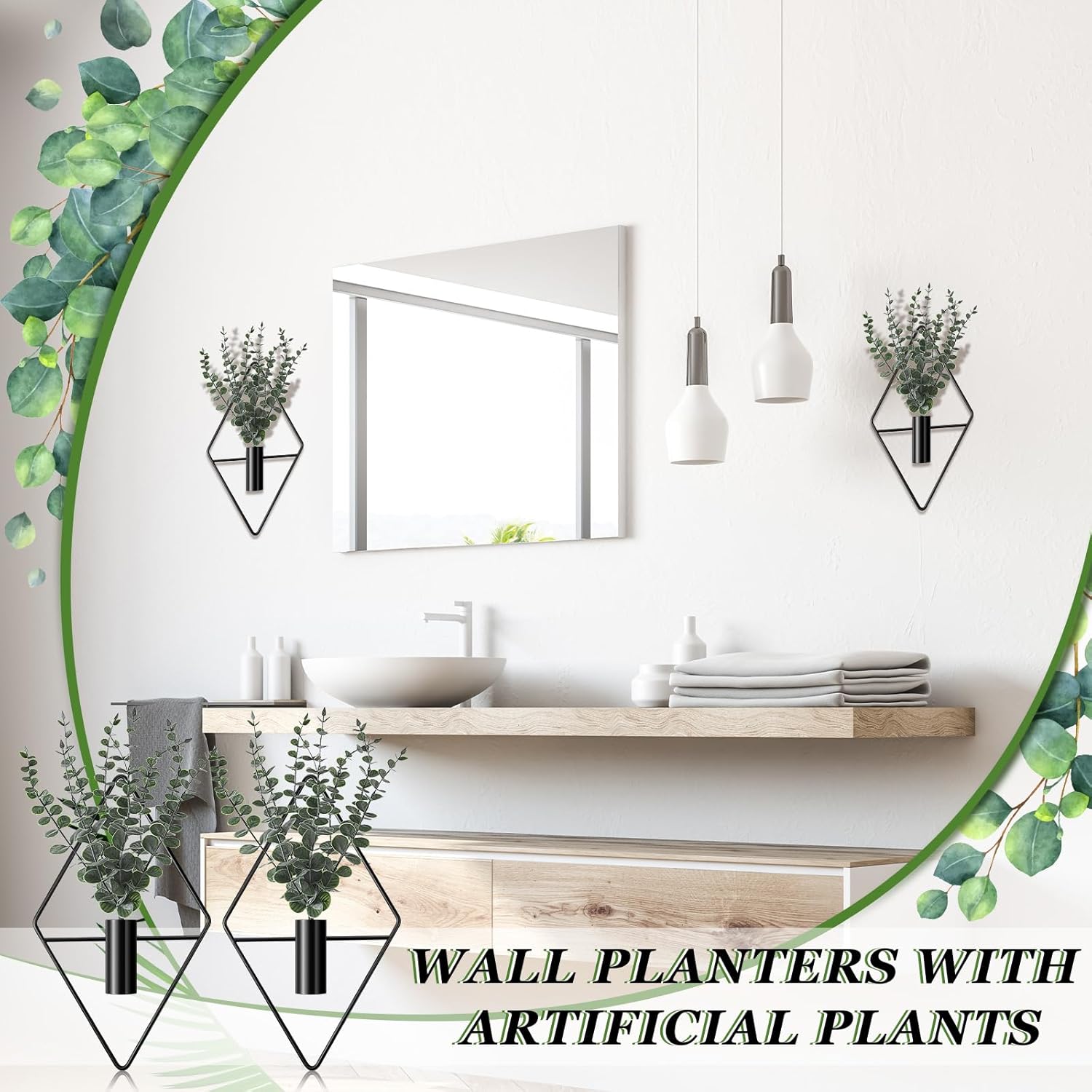Jexine 4 Pcs Hanging Planters with Artificial Eucalyptus Metal Hanging Vase Indoor Plants Holder Modern Geometric Boho Bathroom Wall Decor for Living Room Home Office(Black) - Image 5