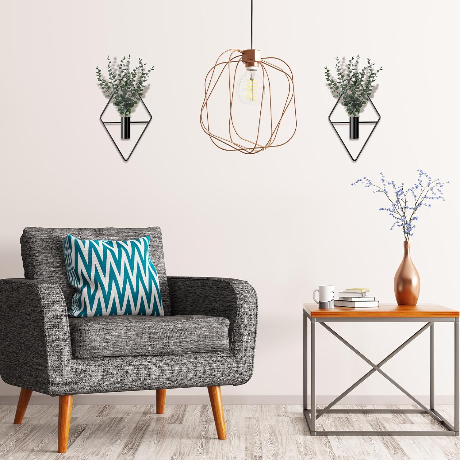 Jexine 4 Pcs Hanging Planters with Artificial Eucalyptus Metal Hanging Vase Indoor Plants Holder Modern Geometric Boho Bathroom Wall Decor for Living Room Home Office(Black) - Image 7