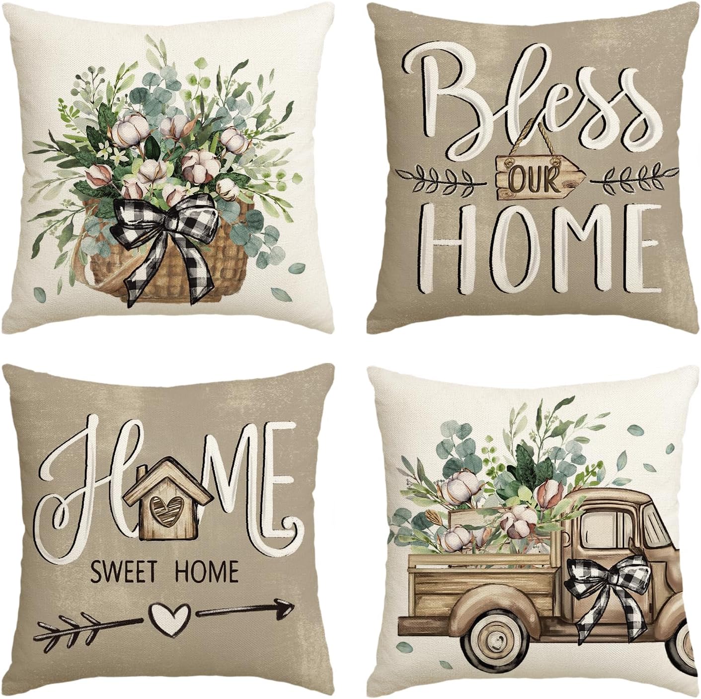 AVOIN colorlife Bless Our Home Farmhouse Eucalyptus Leaves Throw Pillow Covers, 18 x 18 Inch Truck Home Sweet Home Cushion Case Decorations Set of 4