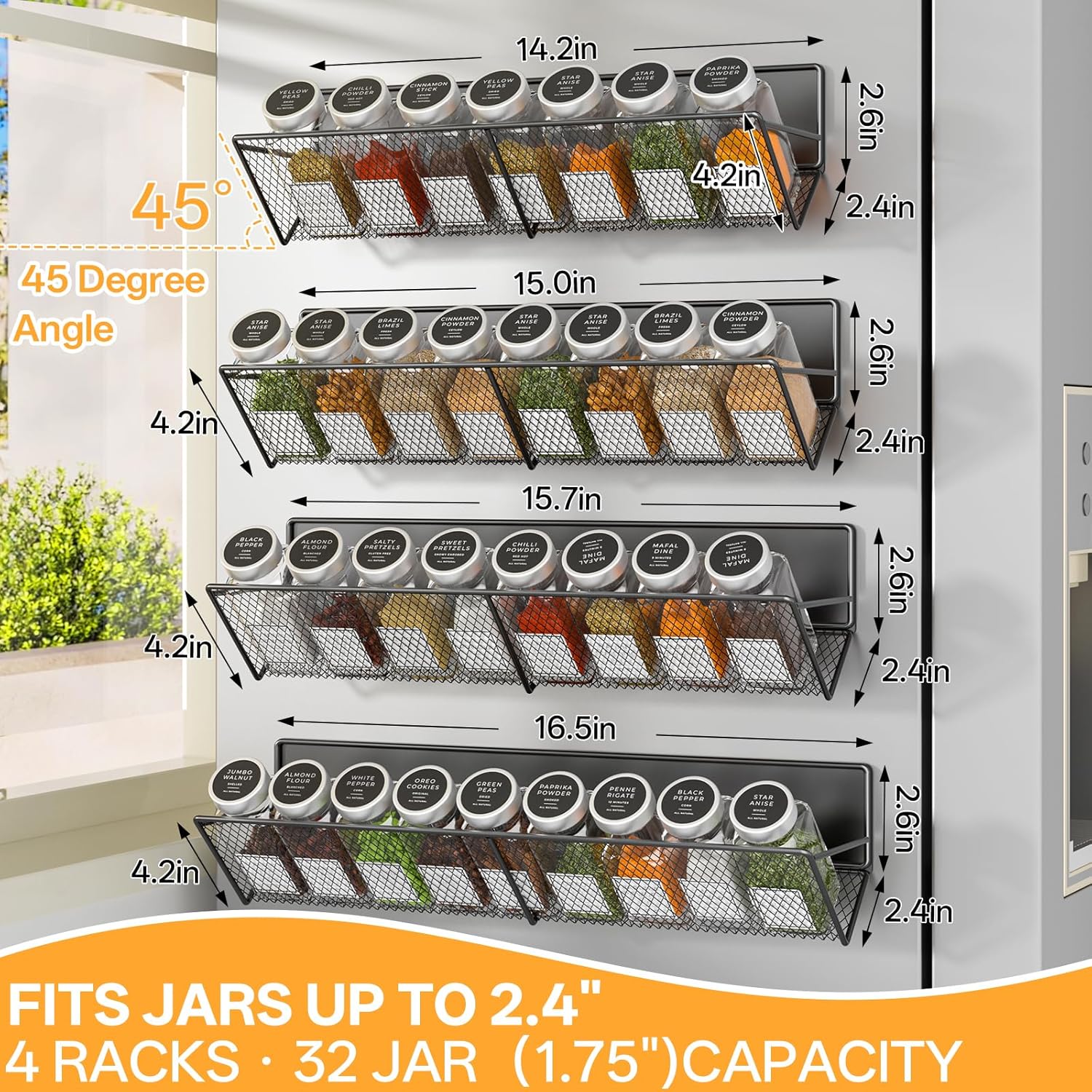 Magnetic Spice Rack for Refrigerator, 4 Pack 100% Metal Strong Magnet Fridge Shelves, 14-16.5 inch, Space Saving Spice Organizer Tilt, No Drilling Moveable Home Kitchen Laundry Storage Organization - Image 2