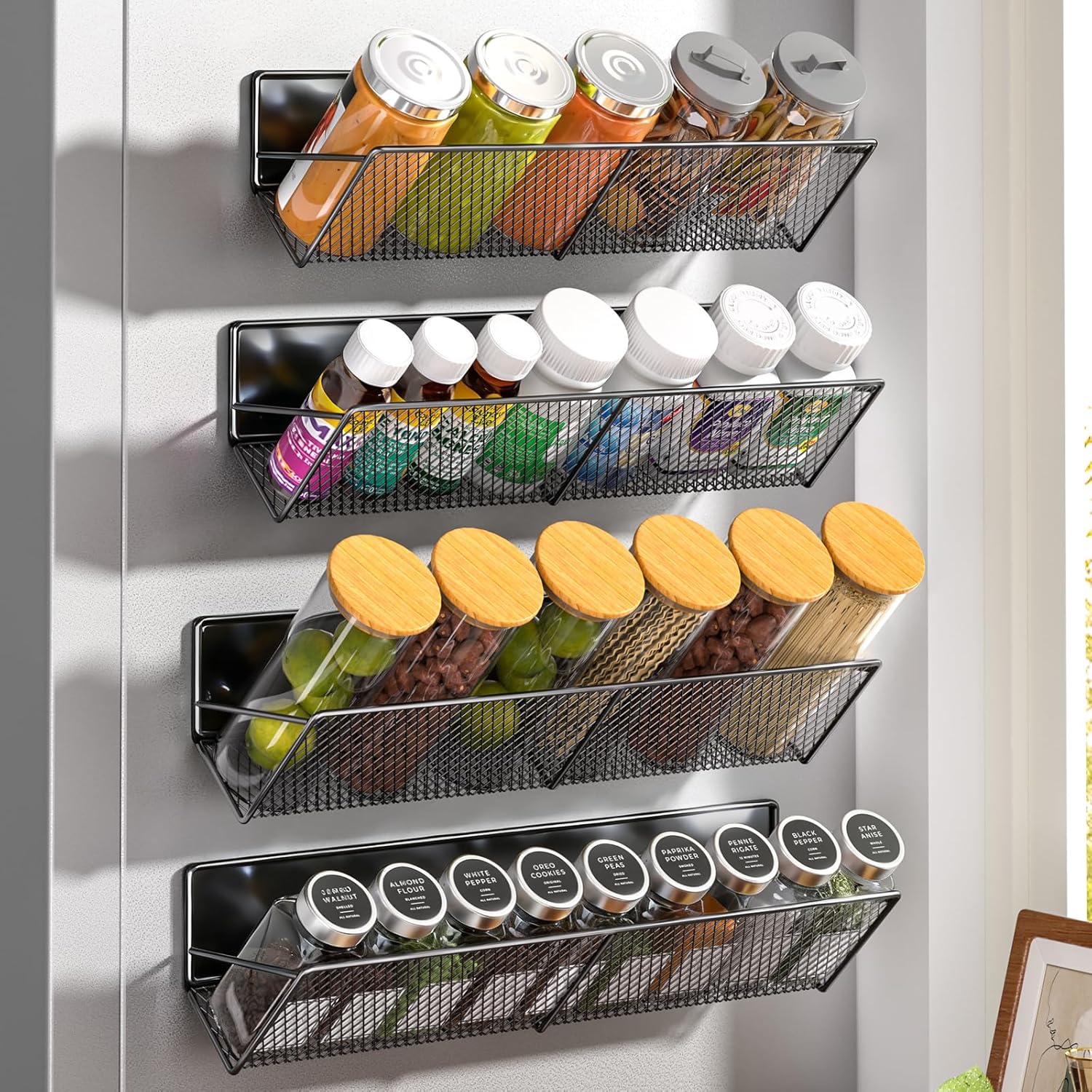 Magnetic Spice Rack for Refrigerator, 4 Pack 100% Metal Strong Magnet Fridge Shelves, 14-16.5 inch, Space Saving Spice Organizer Tilt, No Drilling Moveable Home Kitchen Laundry Storage Organization