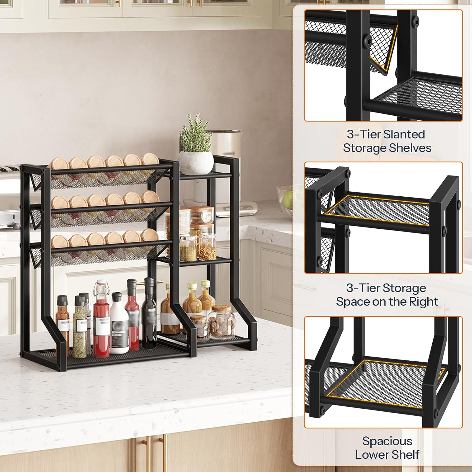 HOOBRO 4-Tier Spice Rack, Seasoning Organizer, Stackable Spice Rack Organizer, Spice Jar Storage Organizer, for Kitchen, Cupboard, Countertop, Black BK48TL01 - Image 5