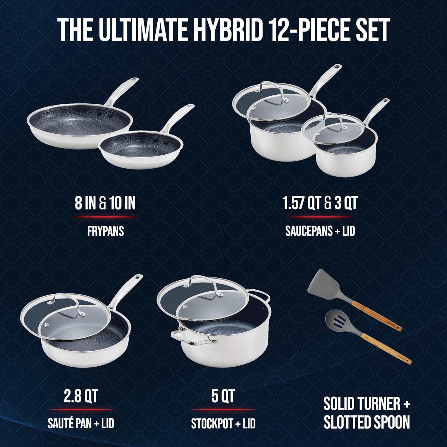 Blue Diamond Hybrid Nonstick Stainless Steel 12 Piece Cookware Set, Tri-Ply PFAS-Free Ceramic Diamond Bond Pots & Pans, Dishwasher & Oven Safe to 850F, Induction Ready, Metal Utensil Safe, Silver - Image 3