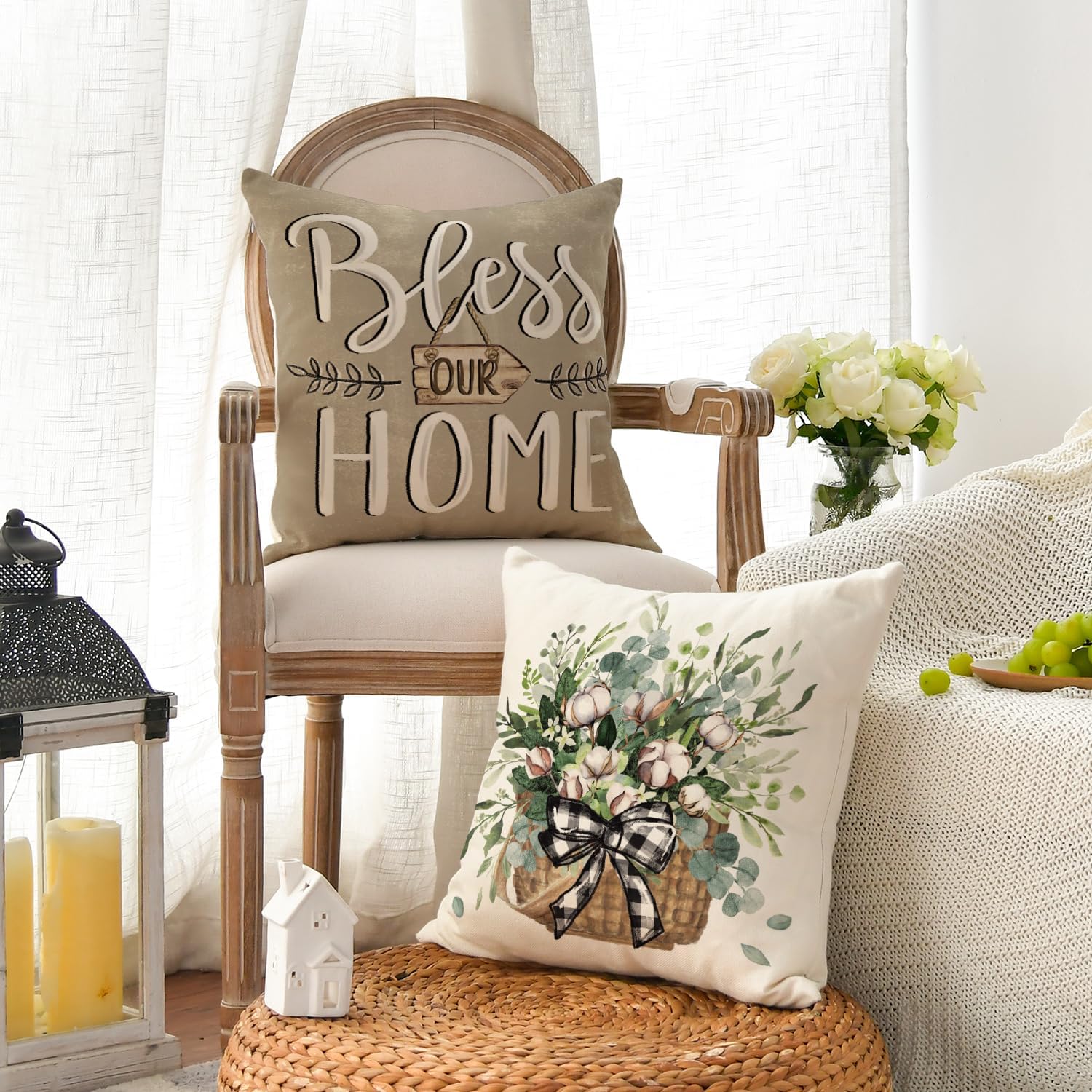 AVOIN colorlife Bless Our Home Farmhouse Eucalyptus Leaves Throw Pillow Covers, 18 x 18 Inch Truck Home Sweet Home Cushion Case Decorations Set of 4 - Image 3