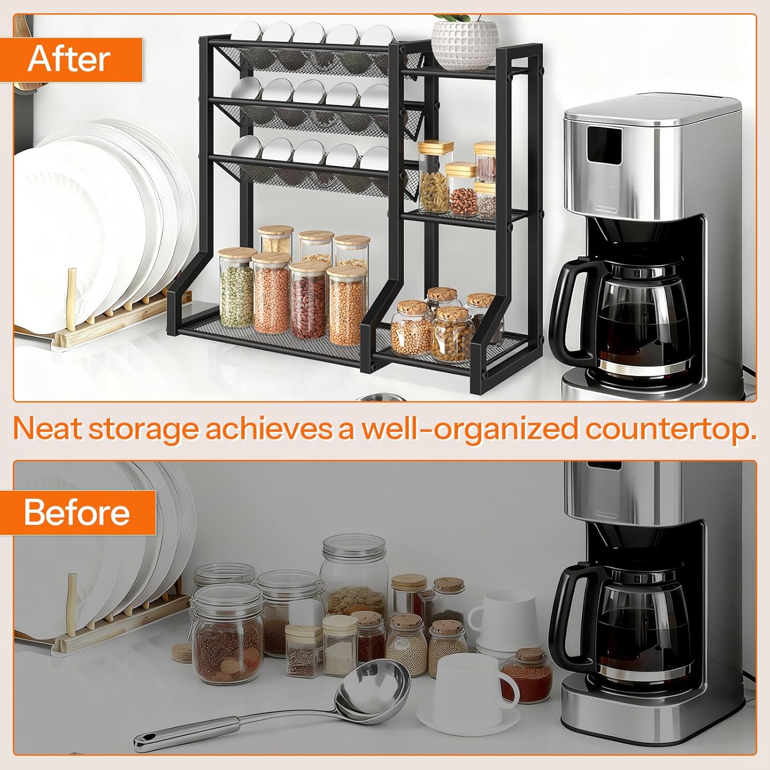 HOOBRO 4-Tier Spice Rack, Seasoning Organizer, Stackable Spice Rack Organizer, Spice Jar Storage Organizer, for Kitchen, Cupboard, Countertop, Black BK48TL01 - Image 7