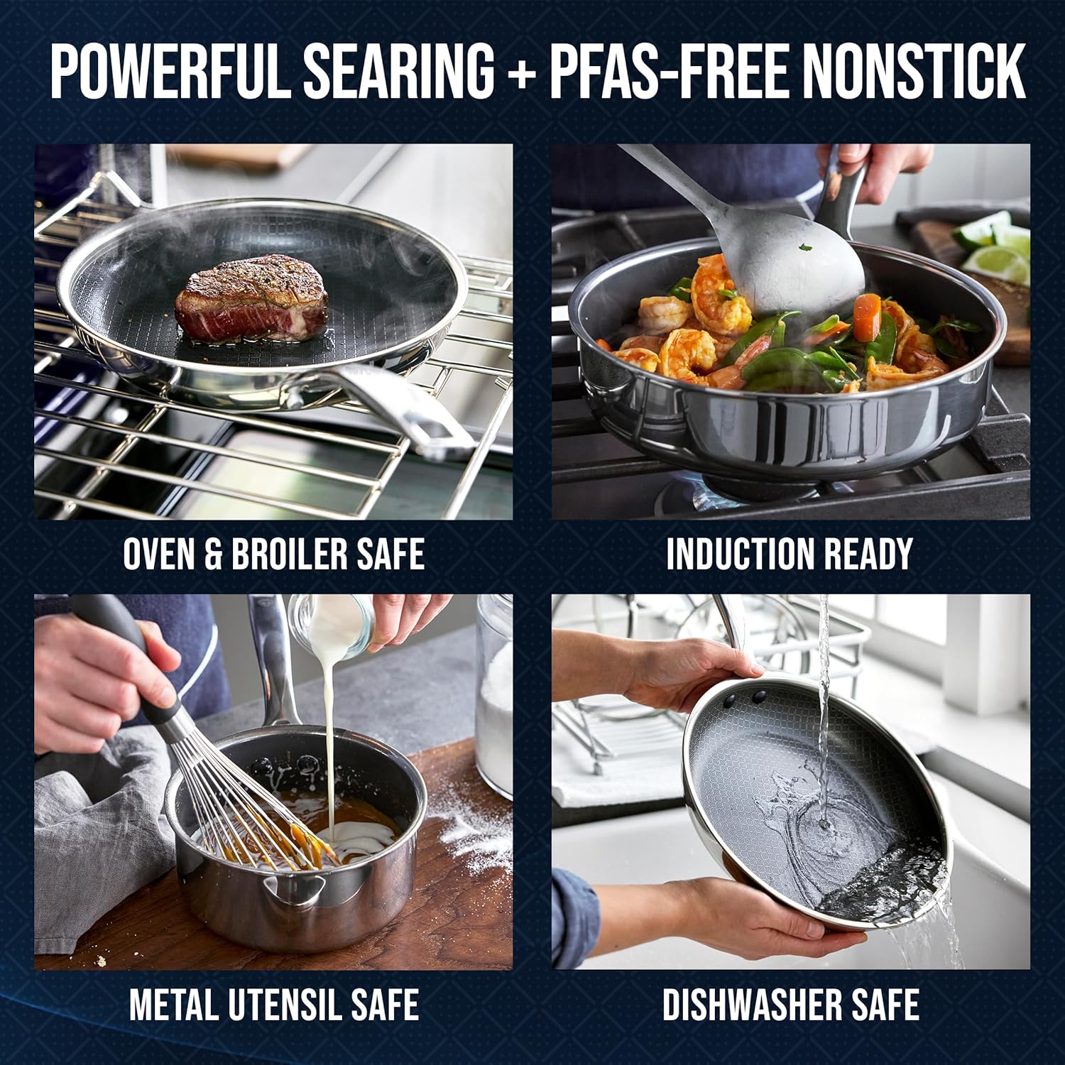 Blue Diamond Hybrid Nonstick Stainless Steel 12 Piece Cookware Set, Tri-Ply PFAS-Free Ceramic Diamond Bond Pots & Pans, Dishwasher & Oven Safe to 850F, Induction Ready, Metal Utensil Safe, Silver - Image 4