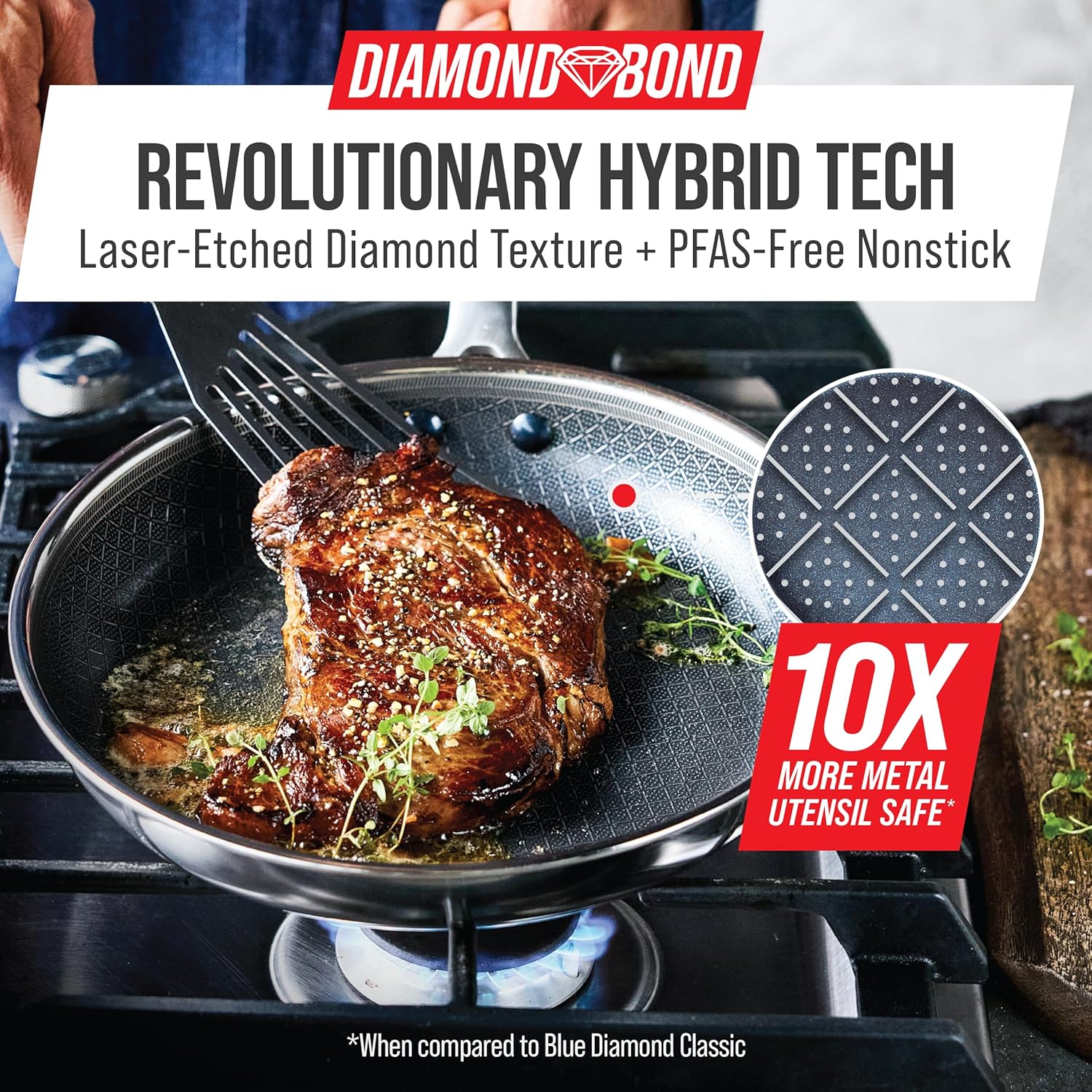 Blue Diamond Hybrid Nonstick Stainless Steel 12 Piece Cookware Set, Tri-Ply PFAS-Free Ceramic Diamond Bond Pots & Pans, Dishwasher & Oven Safe to 850F, Induction Ready, Metal Utensil Safe, Silver - Image 2