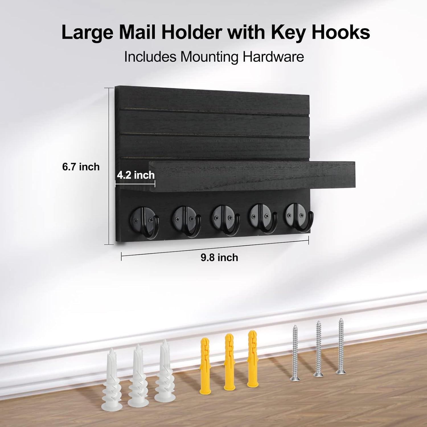 Key Holder for Wall, Decorative Key and Mail Holder with Shelf Has Large Hooks for Bags, Coats, Umbrella – Paulownia Wood Key Hanger with Mounting Hardware (9.8”W x 6.7”H x 4.2”D) - Image 7