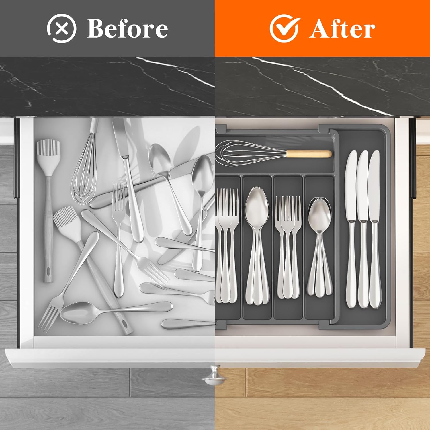 Lifewit Silverware Drawer Organizer, Expandable Utensil Tray for Kitchen, BPA Free Flatware and Cutlery Holder, Adjustable Plastic Storage for Spoons Forks Knives, 8.5-14 x 12", Dark Gray - Image 4