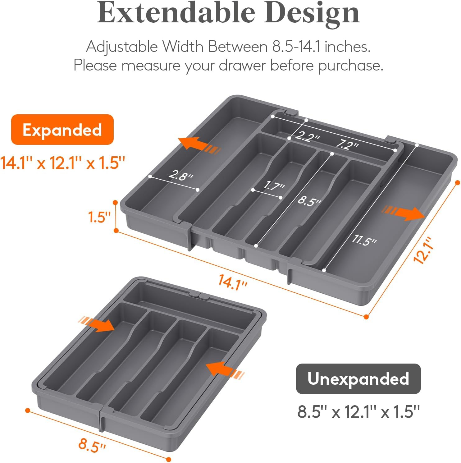 Lifewit Silverware Drawer Organizer, Expandable Utensil Tray for Kitchen, BPA Free Flatware and Cutlery Holder, Adjustable Plastic Storage for Spoons Forks Knives, 8.5-14 x 12", Dark Gray - Image 2
