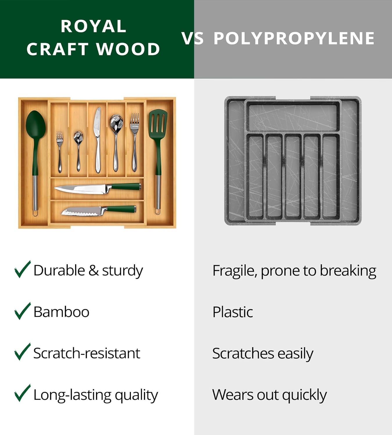 ROYAL CRAFT WOOD Luxury Bamboo Kitchen Drawer Organizer - Silverware Organizer, Utensil Holder & Cutlery Tray Drawer Dividers for Flatware (9 Slot, Natural) - Image 8