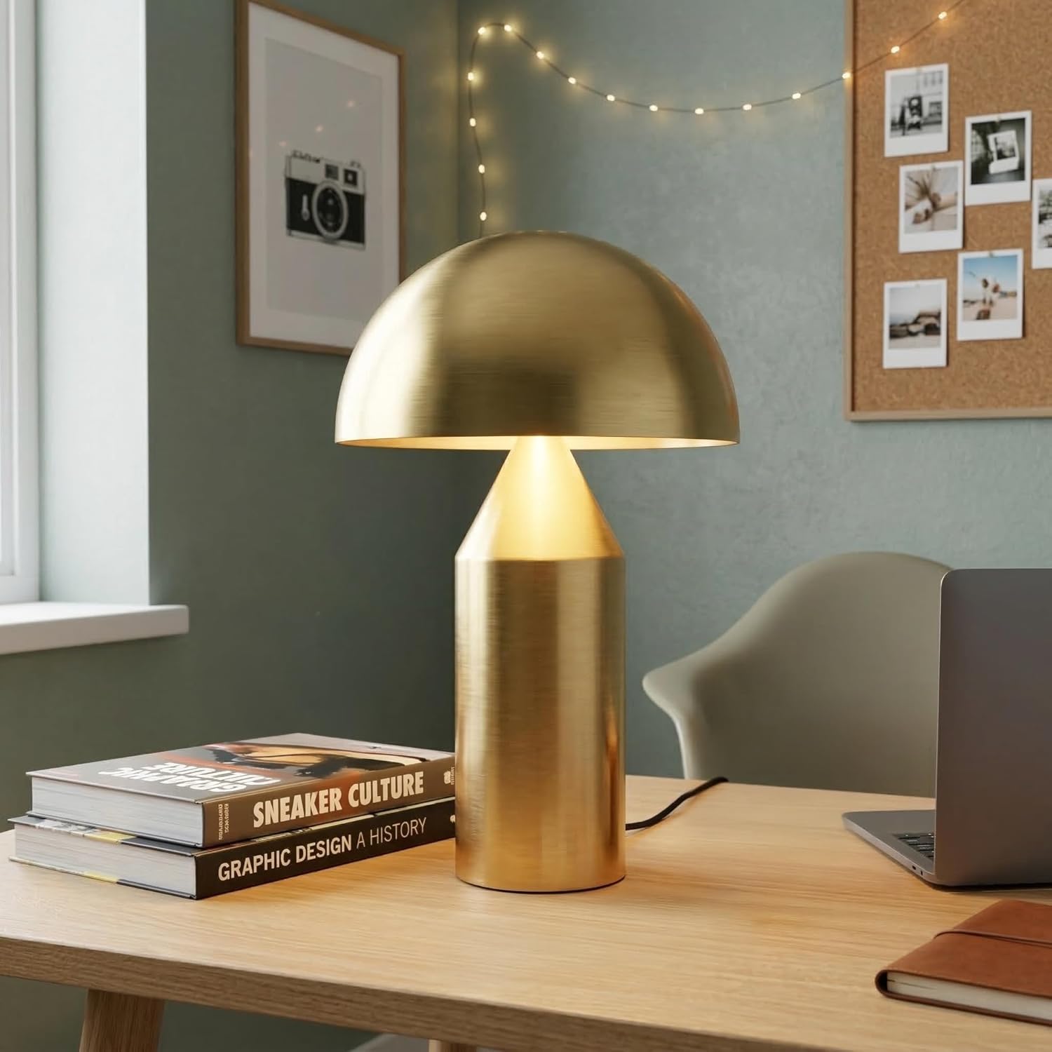 Brightech Venus Mushroom Table Lamp - Modern Lamp for Living Room, Bedroom Side/End Table - Dimmable, Unique Side Table LED Lamp Shade for Office, Reading - Brass/Gold, 14" Tall - Image 6