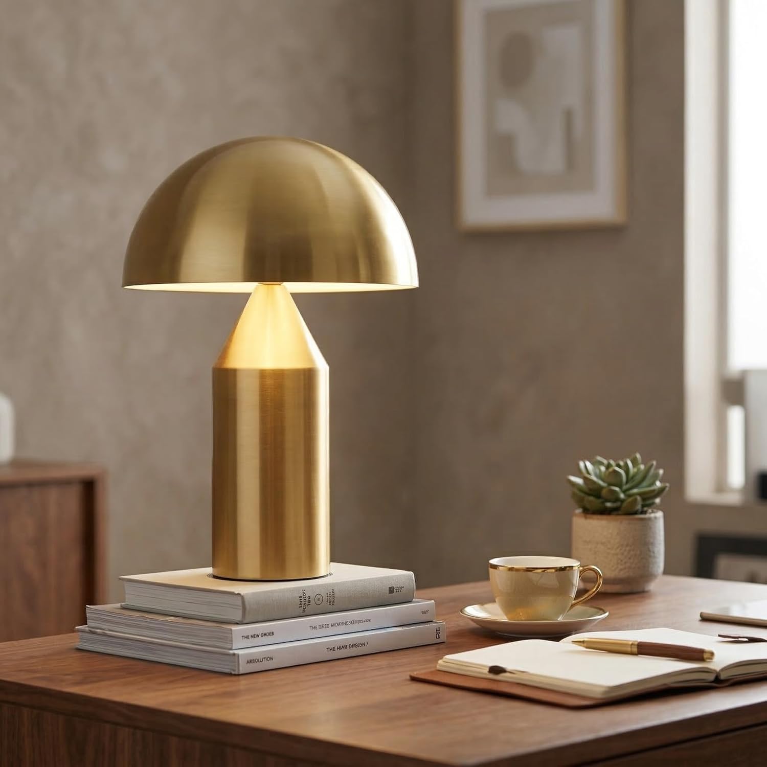 Brightech Venus Mushroom Table Lamp - Modern Lamp for Living Room, Bedroom Side/End Table - Dimmable, Unique Side Table LED Lamp Shade for Office, Reading - Brass/Gold, 14" Tall - Image 2