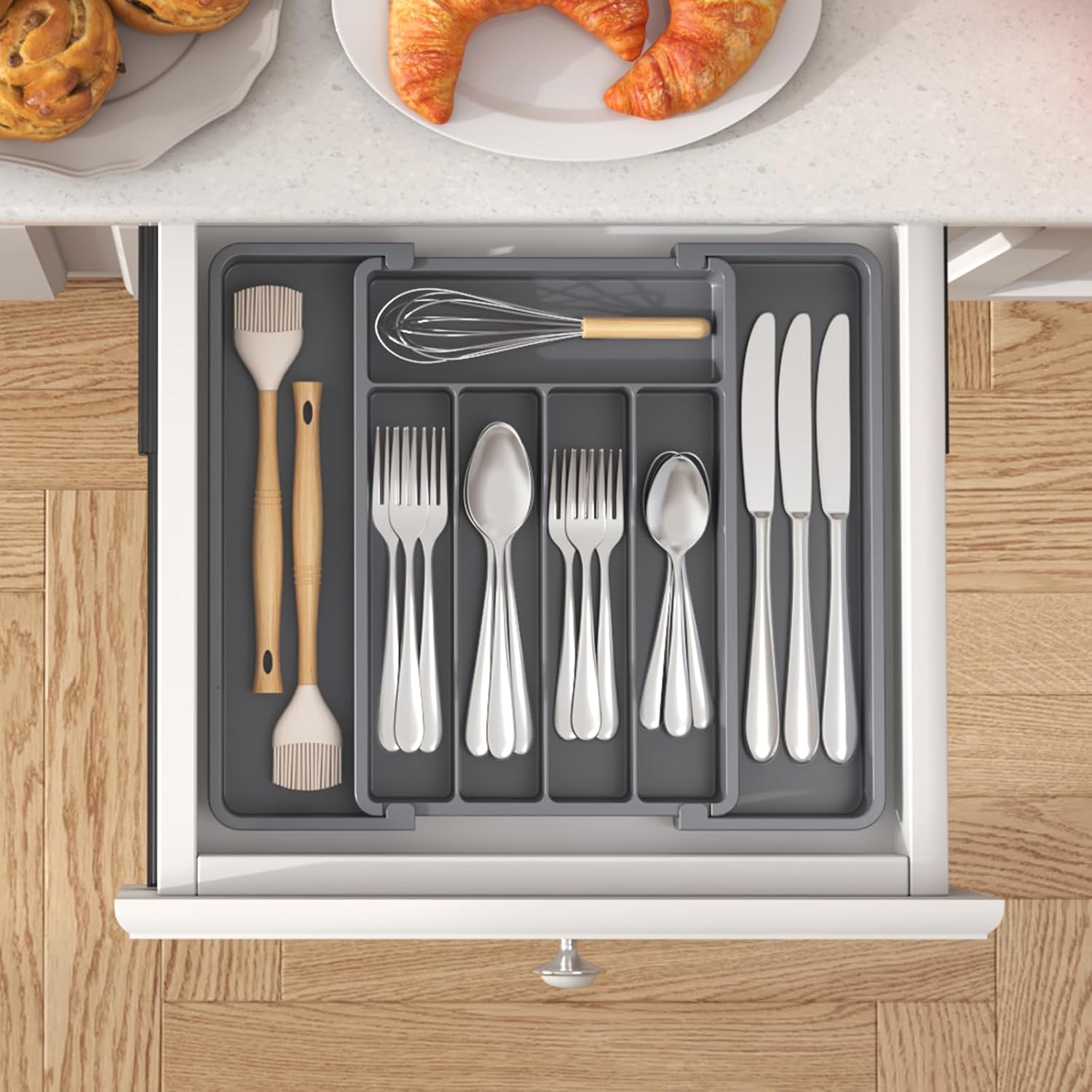 Lifewit Silverware Drawer Organizer, Expandable Utensil Tray for Kitchen, BPA Free Flatware and Cutlery Holder, Adjustable Plastic Storage for Spoons Forks Knives, 8.5-14 x 12", Dark Gray - Image 8