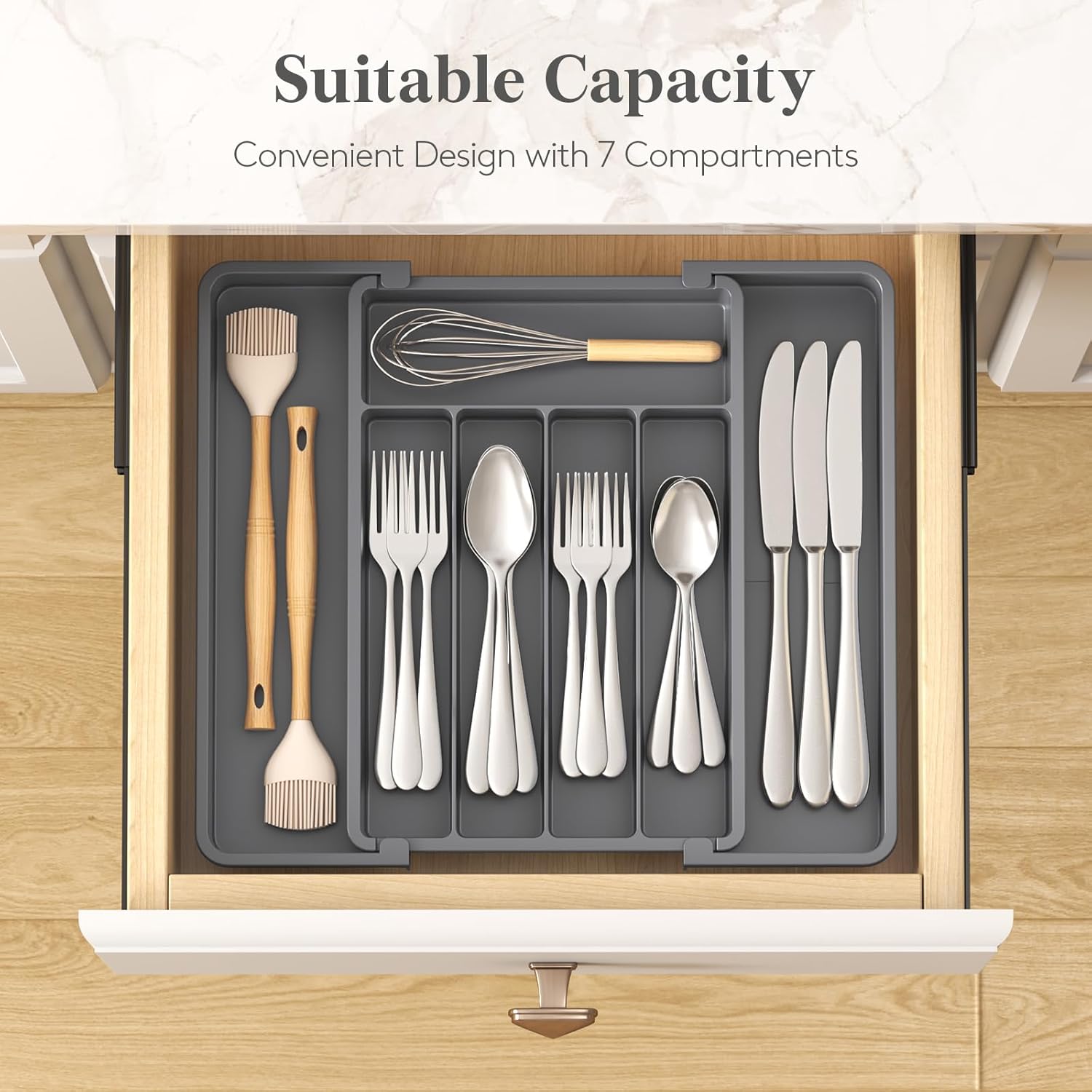 Lifewit Silverware Drawer Organizer, Expandable Utensil Tray for Kitchen, BPA Free Flatware and Cutlery Holder, Adjustable Plastic Storage for Spoons Forks Knives, 8.5-14 x 12", Dark Gray - Image 3