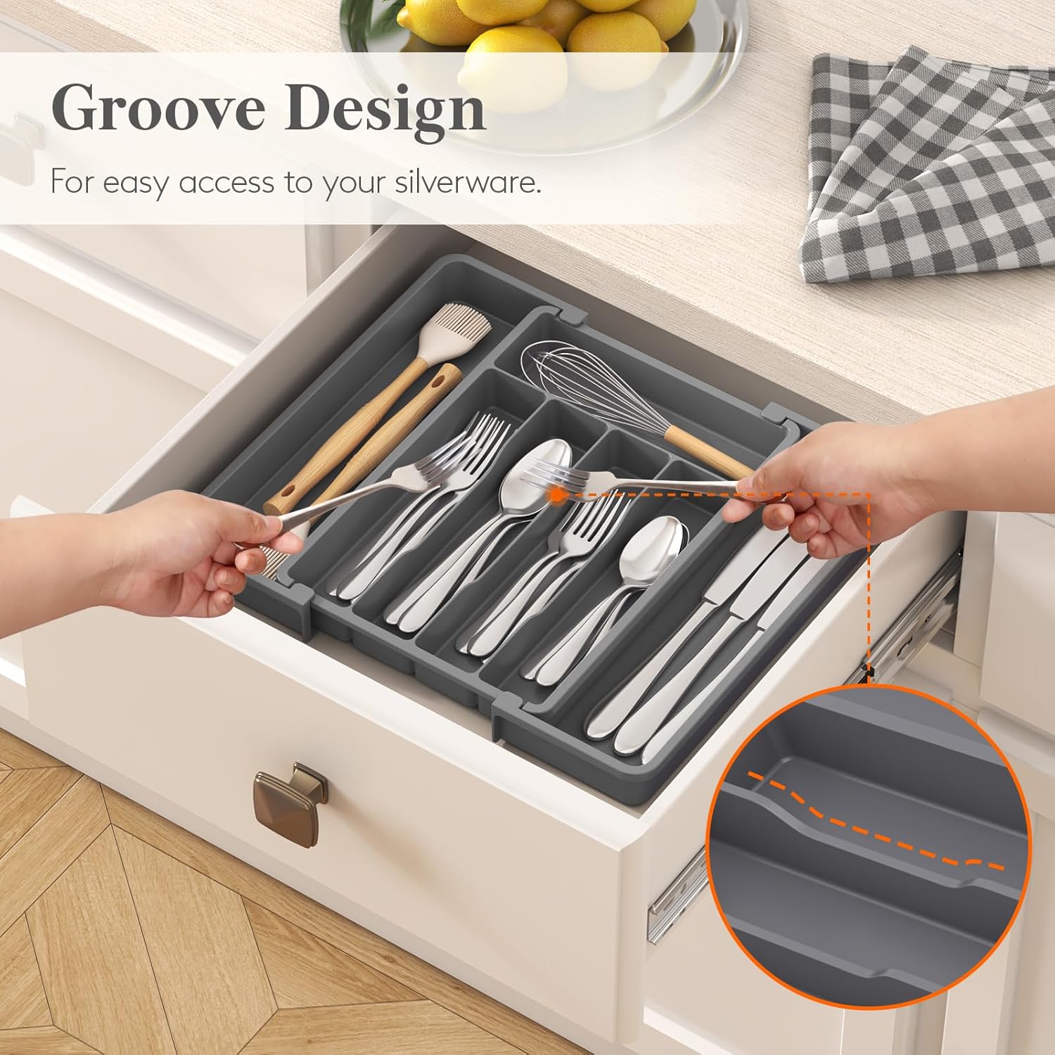 Lifewit Silverware Drawer Organizer, Expandable Utensil Tray for Kitchen, BPA Free Flatware and Cutlery Holder, Adjustable Plastic Storage for Spoons Forks Knives, 8.5-14 x 12", Dark Gray - Image 7