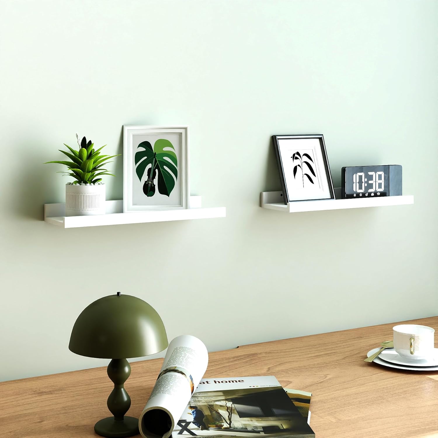 White Floating Shelves for Wall Decor, Wall Mounted Wood Storage Shelf for Bedroom, Living Room, Bathroom, Kitchen, Nursery, Display Picture Ledge Shelf with Lip Set of 2-14 Inches, White - Image 2