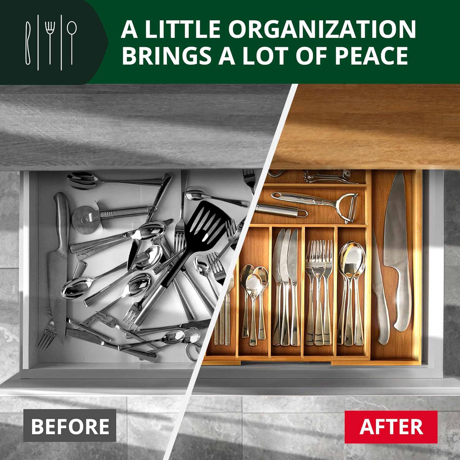 ROYAL CRAFT WOOD Luxury Bamboo Kitchen Drawer Organizer - Silverware Organizer, Utensil Holder & Cutlery Tray Drawer Dividers for Flatware (9 Slot, Natural) - Image 3