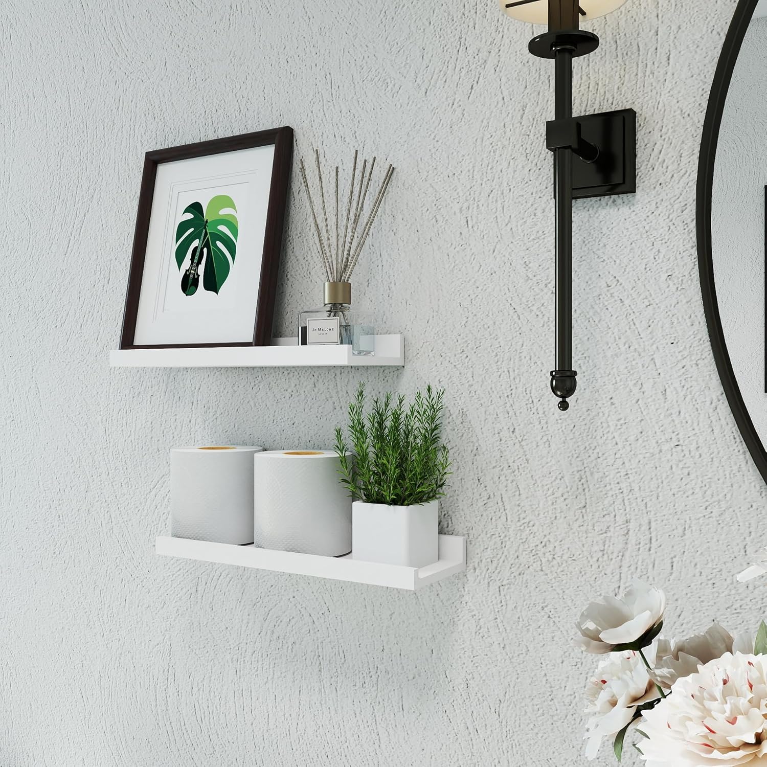White Floating Shelves for Wall Decor, Wall Mounted Wood Storage Shelf for Bedroom, Living Room, Bathroom, Kitchen, Nursery, Display Picture Ledge Shelf with Lip Set of 2-14 Inches, White - Image 4