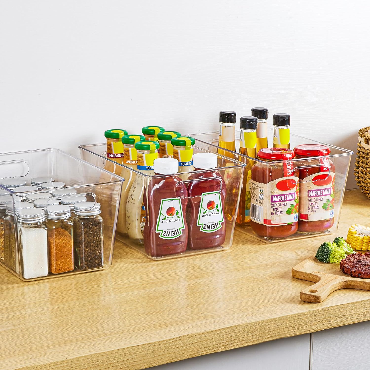 YIHONG 6 Pack Clear Pantry Organizer Bins, Plastic Containers with Handle for Kitchen,Freezer,Cabinet,Closet,Bathroom Under Sink Storage - Image 7