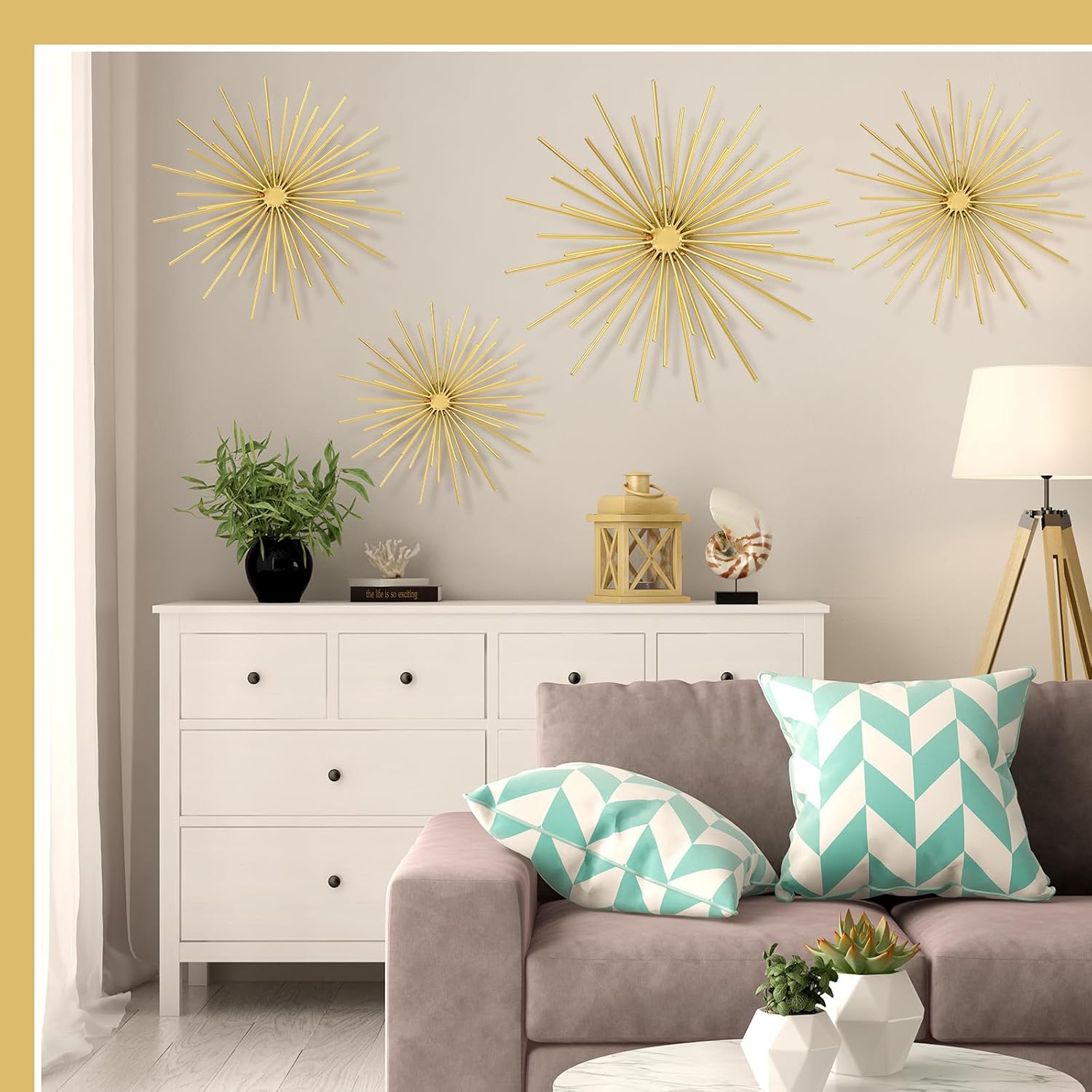 Shimeyao 4 Pcs Metal Starburst Wall Decor Gold Metal Wall Art 3D Spike Bling Finish Star Burst Hangings Accents Sculptures Set Modern Mid Century Decorations for Living Room Bedroom Entryway - Image 3