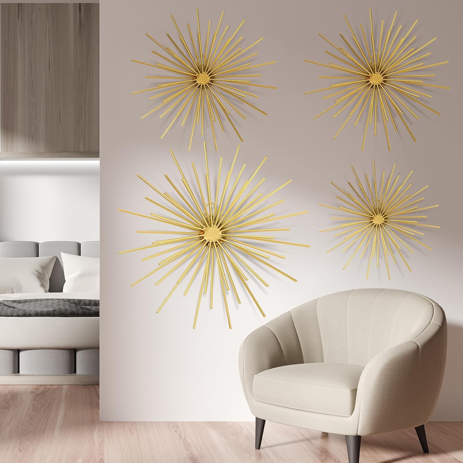 Shimeyao 4 Pcs Metal Starburst Wall Decor Gold Metal Wall Art 3D Spike Bling Finish Star Burst Hangings Accents Sculptures Set Modern Mid Century Decorations for Living Room Bedroom Entryway - Image 6