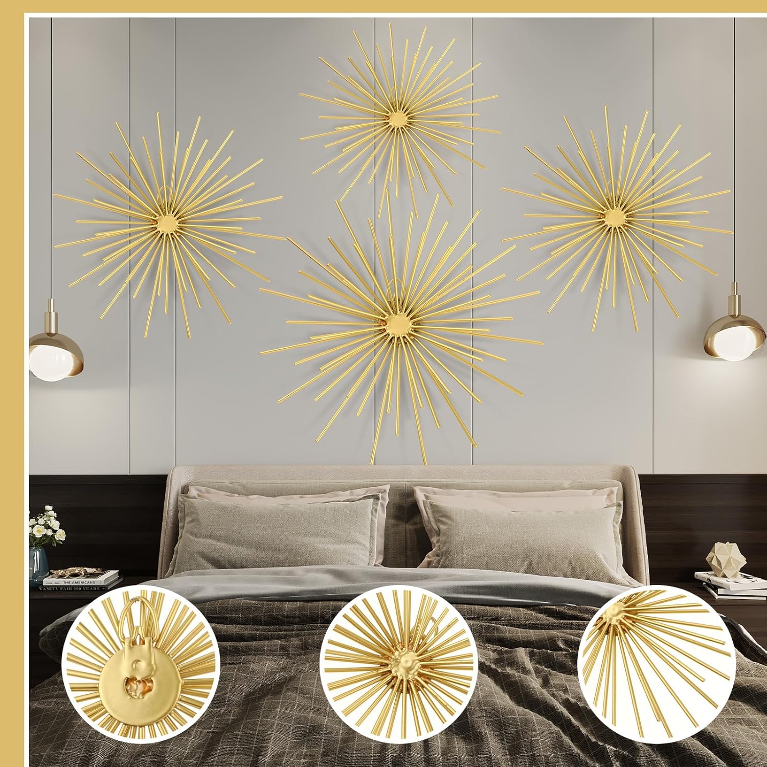 Shimeyao 4 Pcs Metal Starburst Wall Decor Gold Metal Wall Art 3D Spike Bling Finish Star Burst Hangings Accents Sculptures Set Modern Mid Century Decorations for Living Room Bedroom Entryway - Image 5