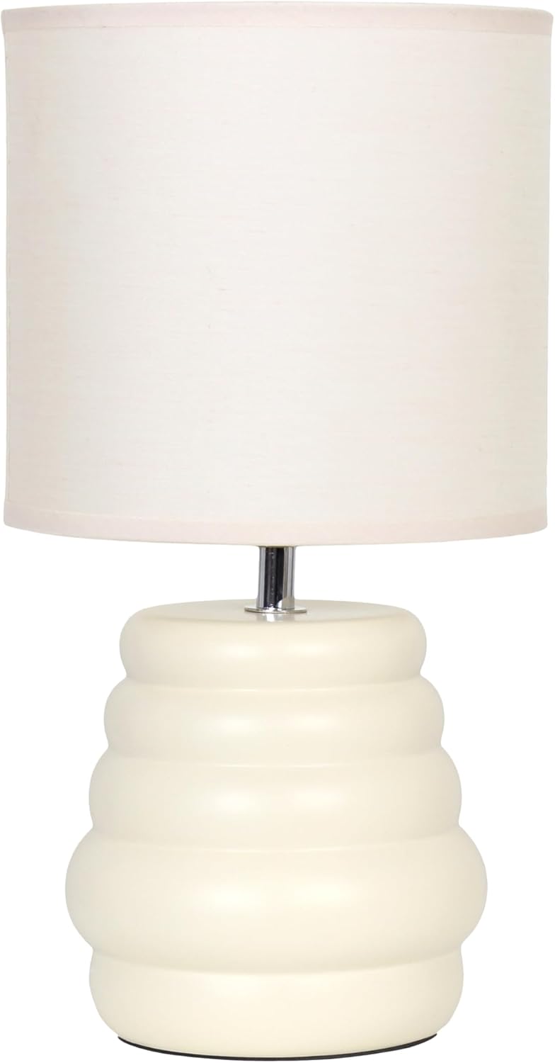 Simple Designs LT1168-CRM 12.68" Chic Glow Mini Stacked Ceramic Table Lamp, Monochromatic Fabric Shade, Small Accent Light, for Bedroom, Office, Living Room, Minimalist Decor, Cream