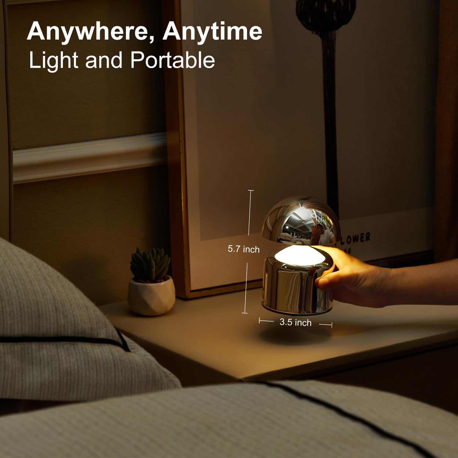 SAIWEYA Modern Cordless Mushroom Small Table Lamp Touch LED Lamps, 3-Way Dimmable Bedside Nightstand Lamp Mini Rechargeable Night Light for Bedroom, Living Room - Image 2