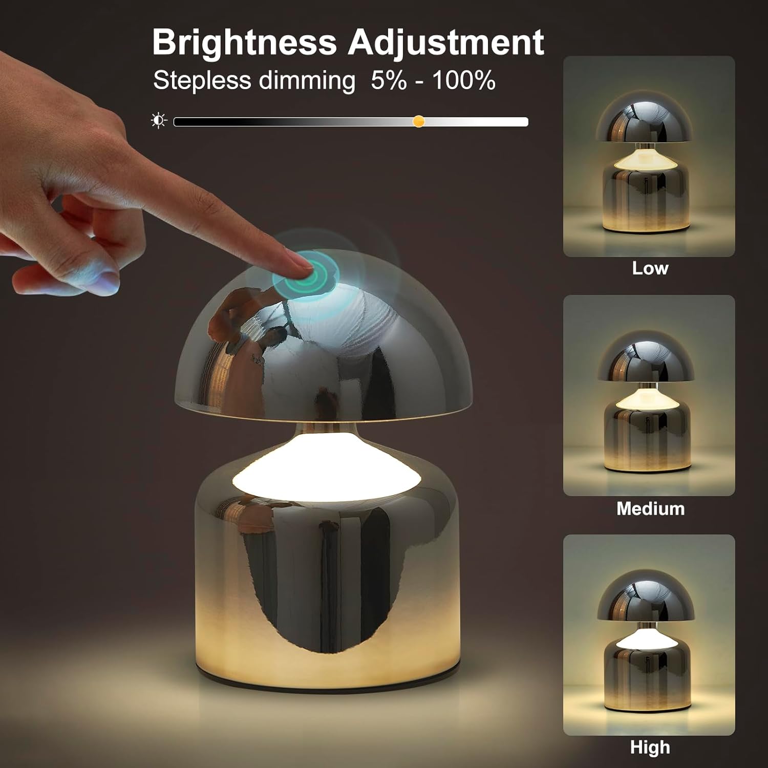 SAIWEYA Modern Cordless Mushroom Small Table Lamp Touch LED Lamps, 3-Way Dimmable Bedside Nightstand Lamp Mini Rechargeable Night Light for Bedroom, Living Room - Image 4