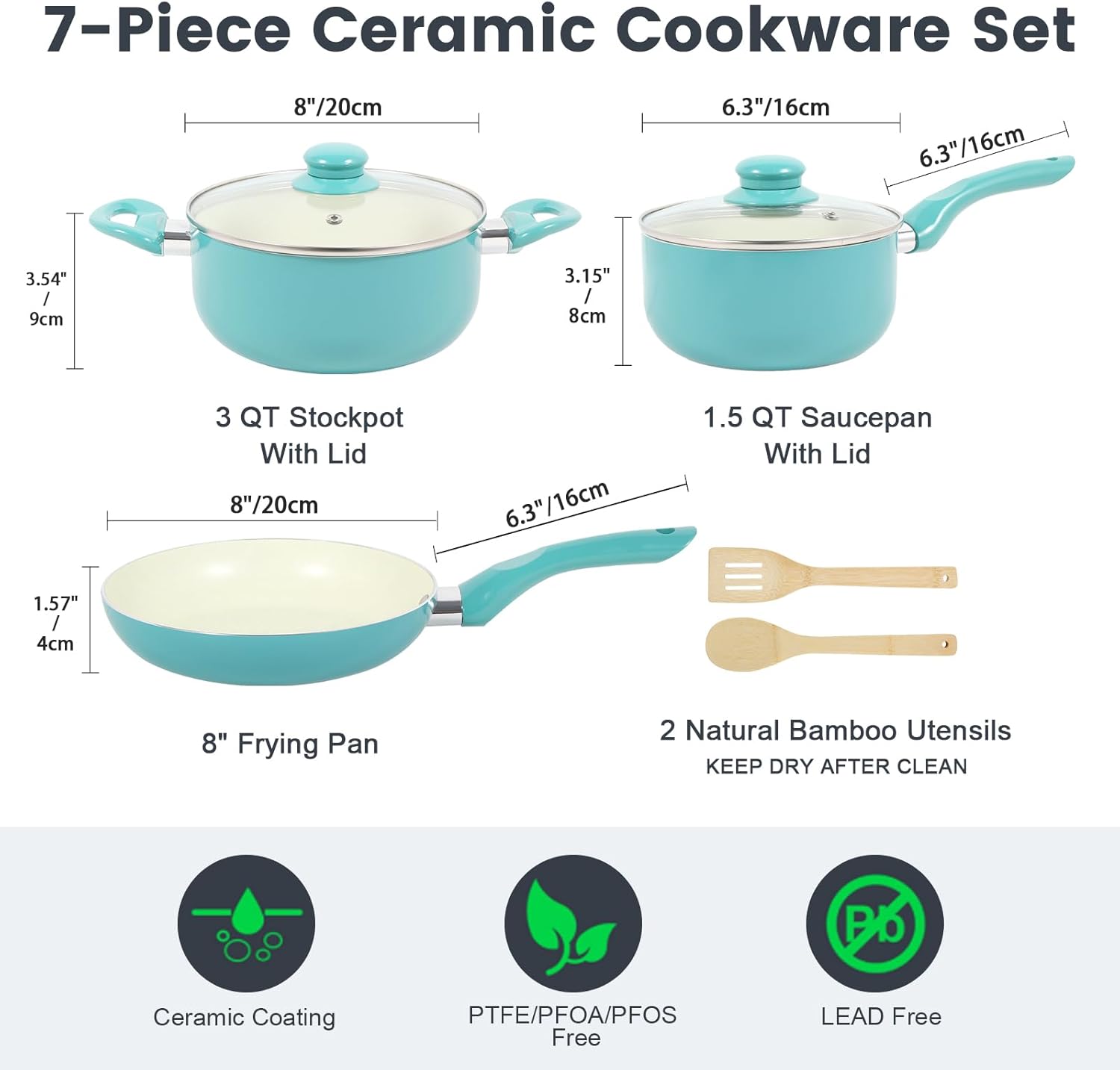 M MELENTA Pots and Pans Set, 7 Piece Nonstick Ceramic Cookware Set, Kitchen Induction Cookware Sets, Pots and Pans Non Stick with Stay Cool Handle, 100% PFOA Free, Turquoise - Image 2