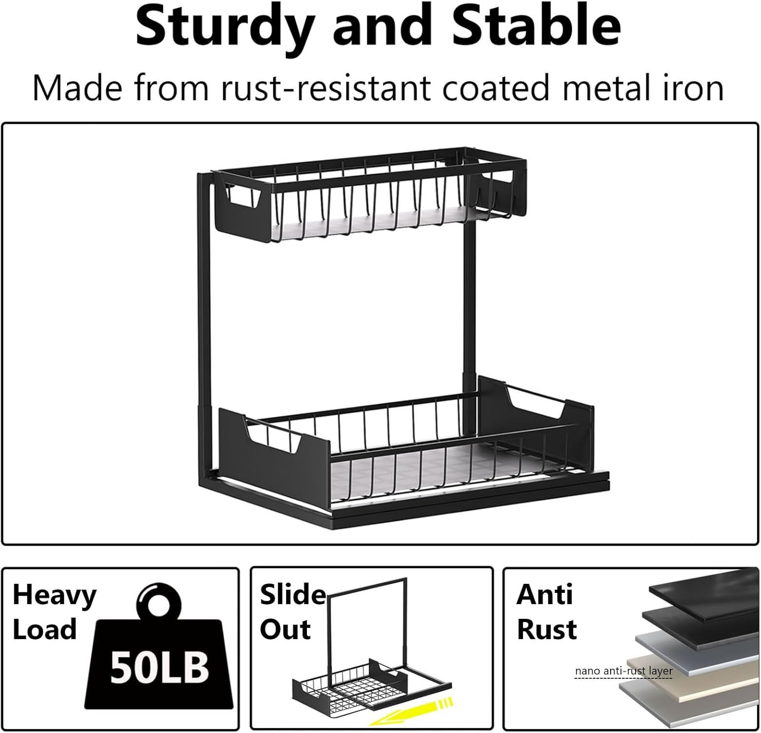 Ceetug Under Kitchen Sink Organizers and Storage Pull Out 2 Tier Metal Bathroom Cabinet Organizer (Black, 2 Pack) - Image 6