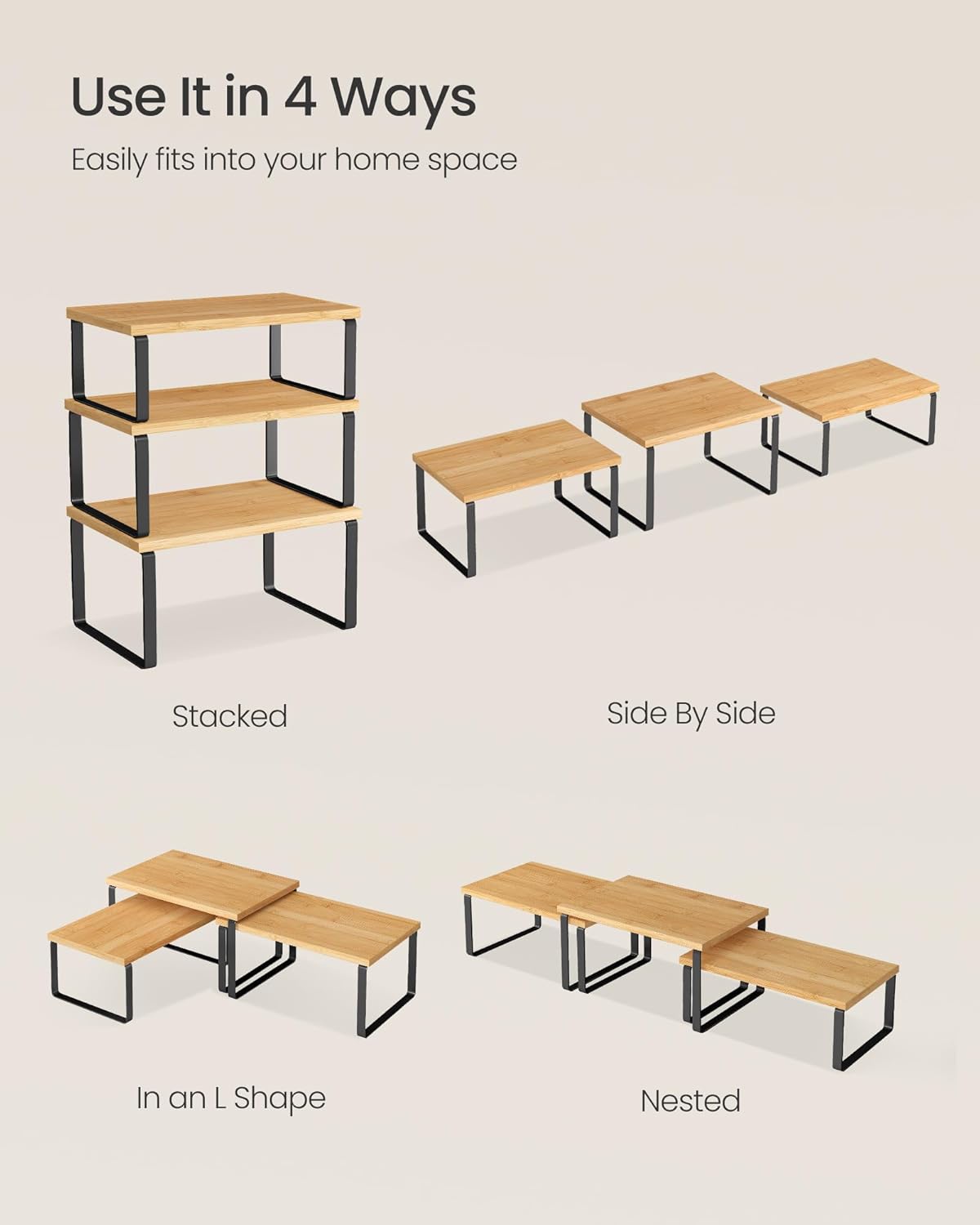 SONGMICS Cabinet Organizer Shelf, Set of 3 Kitchen Counter Shelves, Kitchen Storage, Spice Rack, Stackable, Expandable, Ink Black and Natural Beige UKCS014YL03 - Image 6