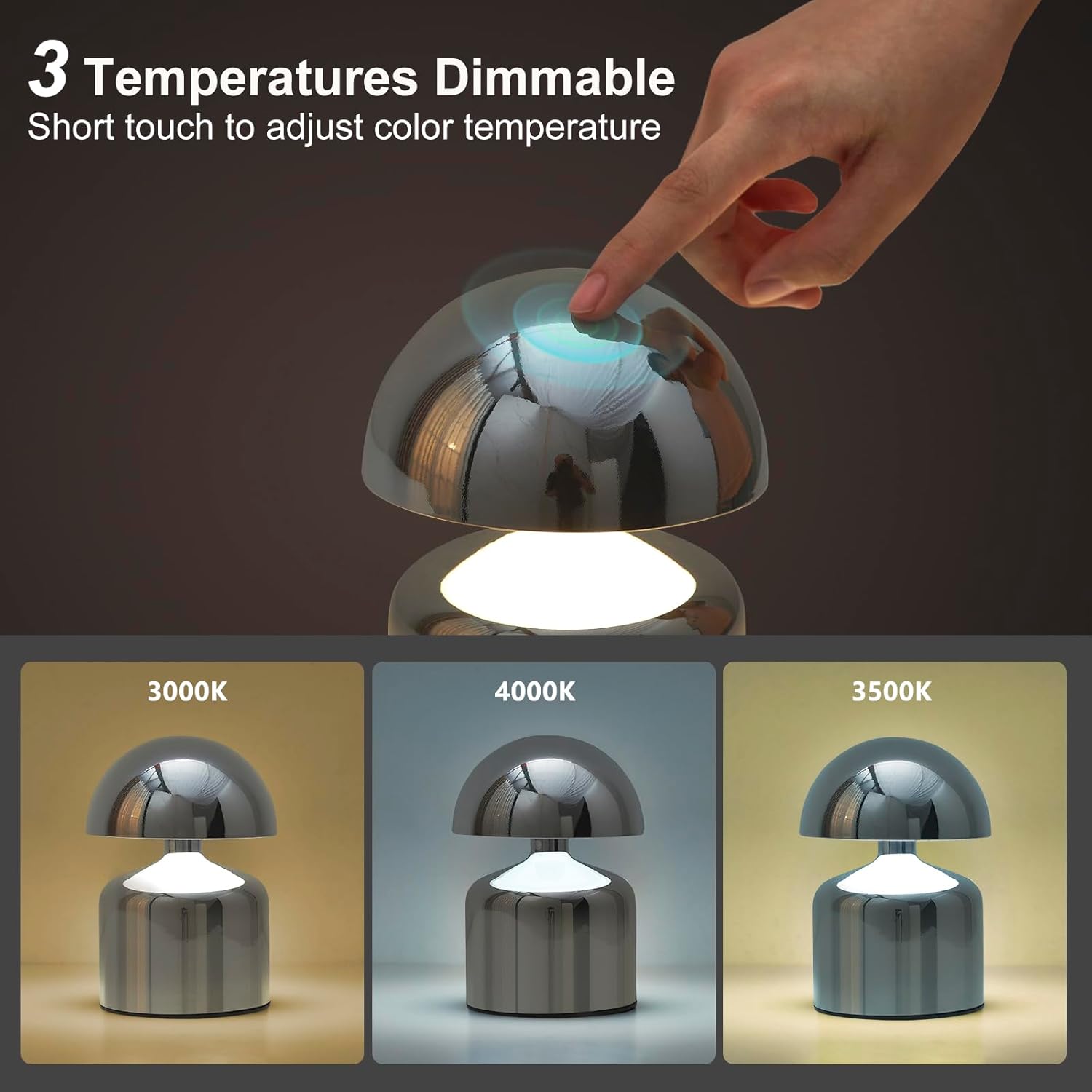 SAIWEYA Modern Cordless Mushroom Small Table Lamp Touch LED Lamps, 3-Way Dimmable Bedside Nightstand Lamp Mini Rechargeable Night Light for Bedroom, Living Room - Image 3