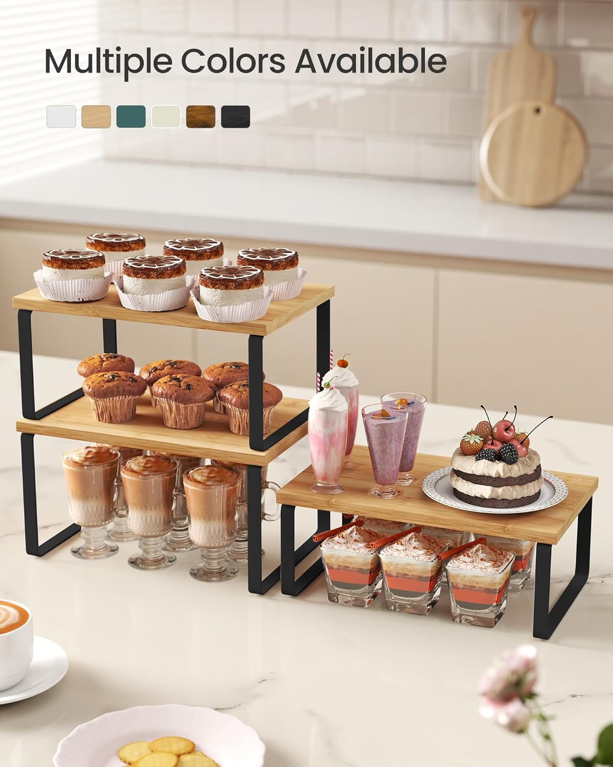 SONGMICS Cabinet Organizer Shelf, Set of 3 Kitchen Counter Shelves, Kitchen Storage, Spice Rack, Stackable, Expandable, Ink Black and Natural Beige UKCS014YL03 - Image 3