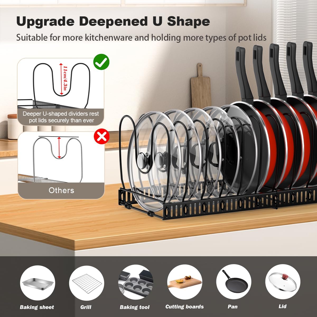 Housolution Pot and Pan Organizer Rack for Cabinet, Expandable Pot Lid Organizer Holder with 14 Adjustable Dividers, Fully Expanded Size 22.83" W x 7.09" D x 7.09" H, Black - Image 2