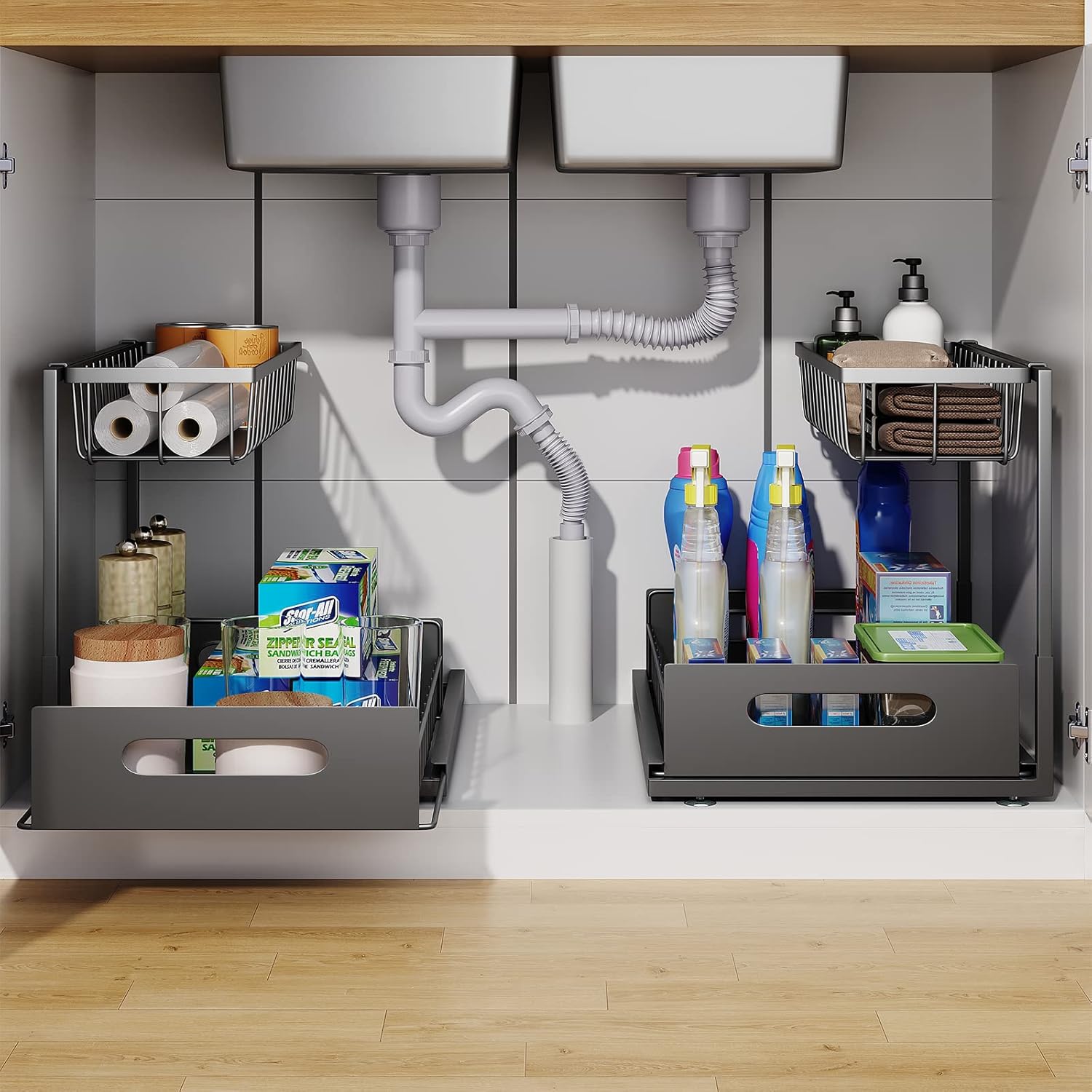 Under Sink Organizer, 2 Tier Pull-Out Cabinet Storage Shelf, Rust-Resistant Metal Organizer for Kitchen Bathroom Laundry Room, No Tools Installation, 1 Pack Black - Image 2
