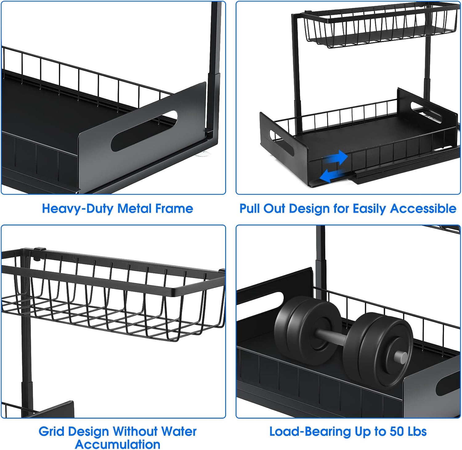Under Sink Organizer, 2 Tier Pull-Out Cabinet Storage Shelf, Rust-Resistant Metal Organizer for Kitchen Bathroom Laundry Room, No Tools Installation, 1 Pack Black - Image 5