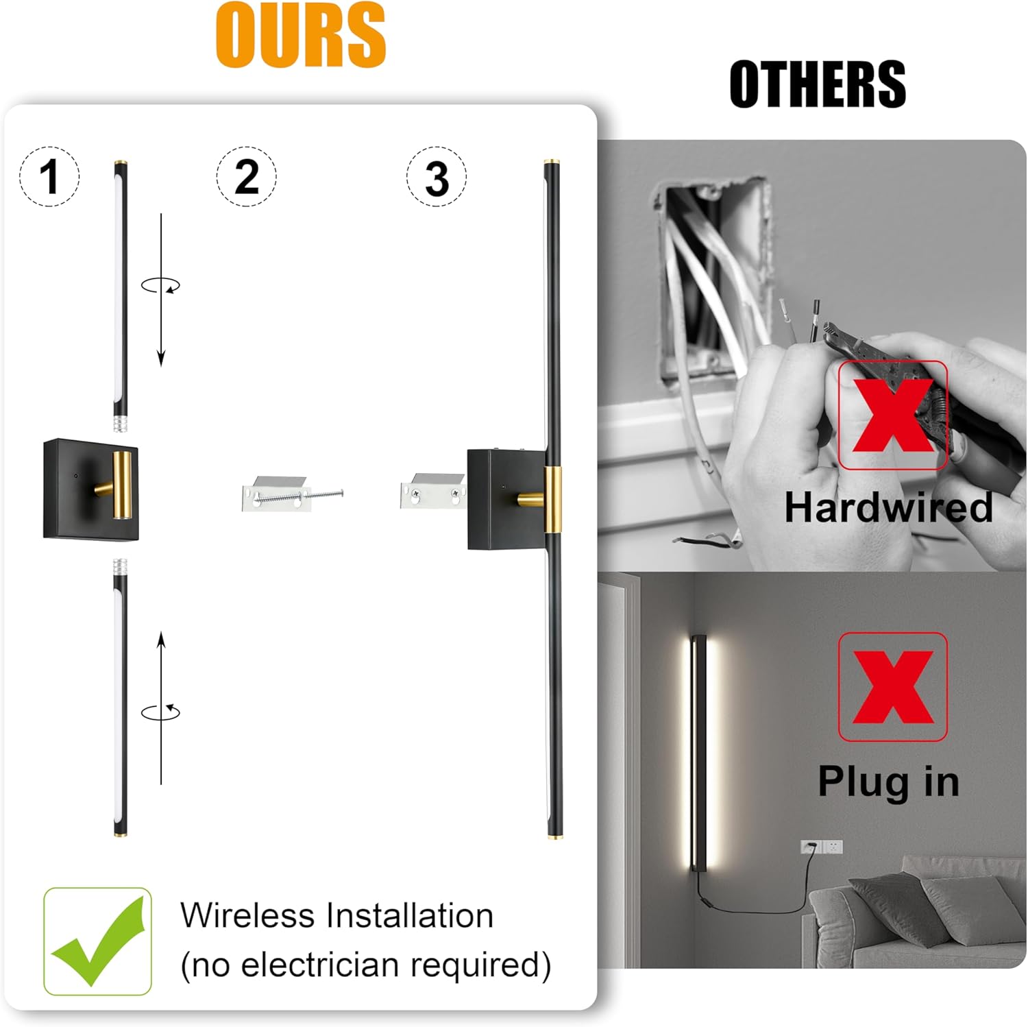 Morauroral Battery Operated Wall Sconces Set of 2, Dimmable 3 Color Battery Wall Sconce with Remote, Black Gold LED Rechargeable Sconces, 24 Inch Modern Wireless Wall Lights for Bedroom, Living Room - Image 5