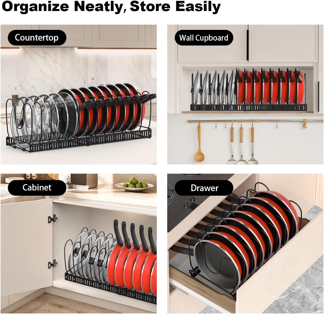 Housolution Pot and Pan Organizer Rack for Cabinet, Expandable Pot Lid Organizer Holder with 14 Adjustable Dividers, Fully Expanded Size 22.83" W x 7.09" D x 7.09" H, Black - Image 6
