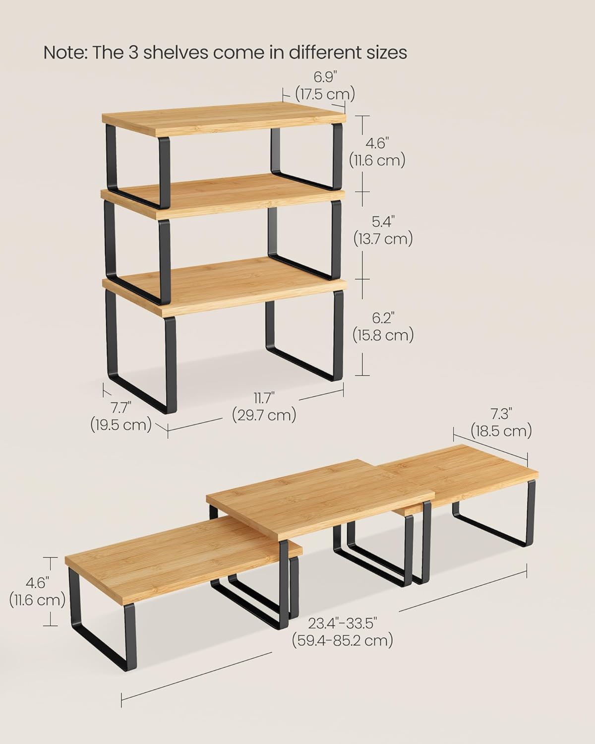 SONGMICS Cabinet Organizer Shelf, Set of 3 Kitchen Counter Shelves, Kitchen Storage, Spice Rack, Stackable, Expandable, Ink Black and Natural Beige UKCS014YL03 - Image 5