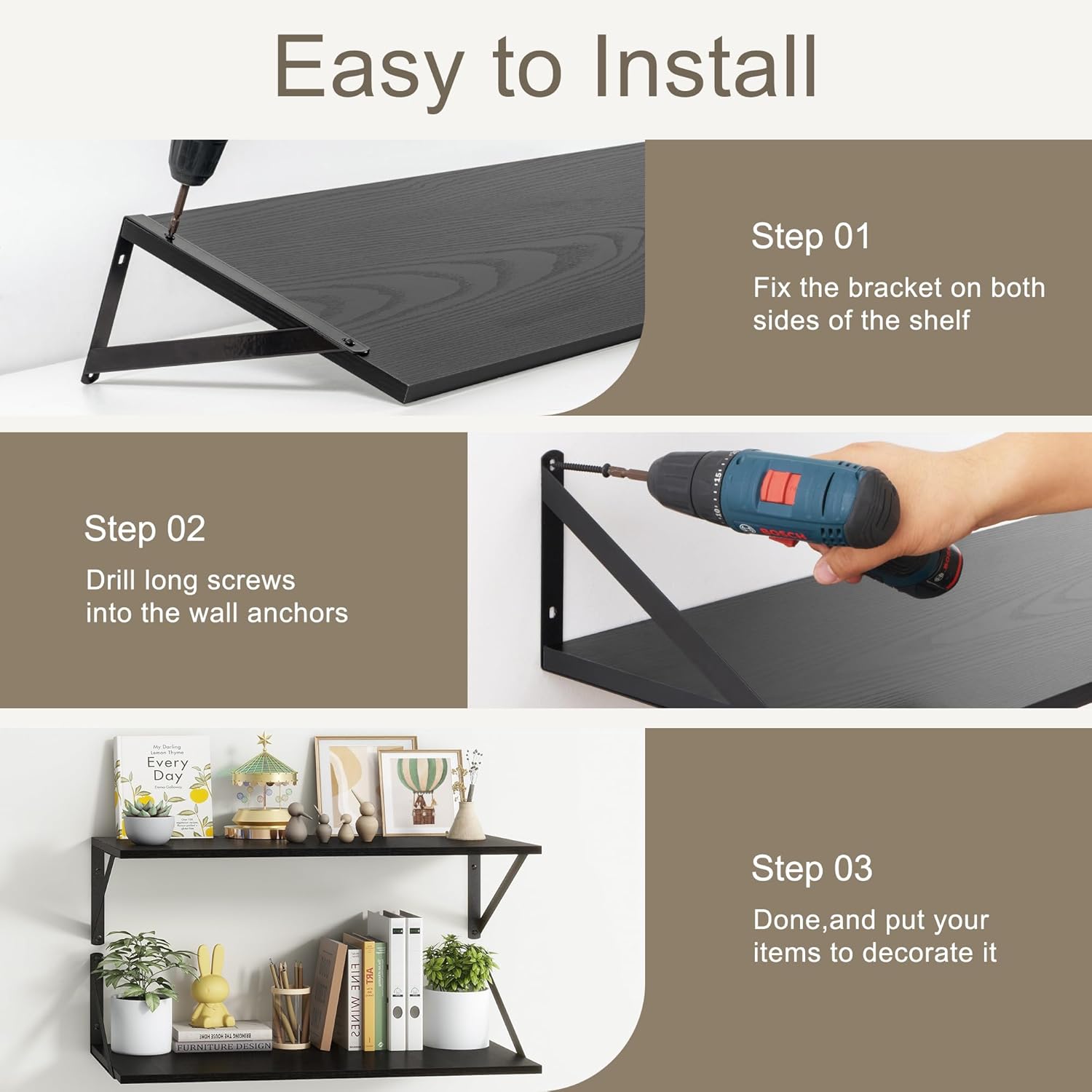 Fun Memories Deep Floating Shelves for Wall, 12 Inch Deep Black Floating Shelves Set of 2, 16" W x 12" D Wall Shelf, Wide Display Ledges Shelves for Bedroom, Bathroom, 12 Deep Bookshelf Wall Mounted - Image 7