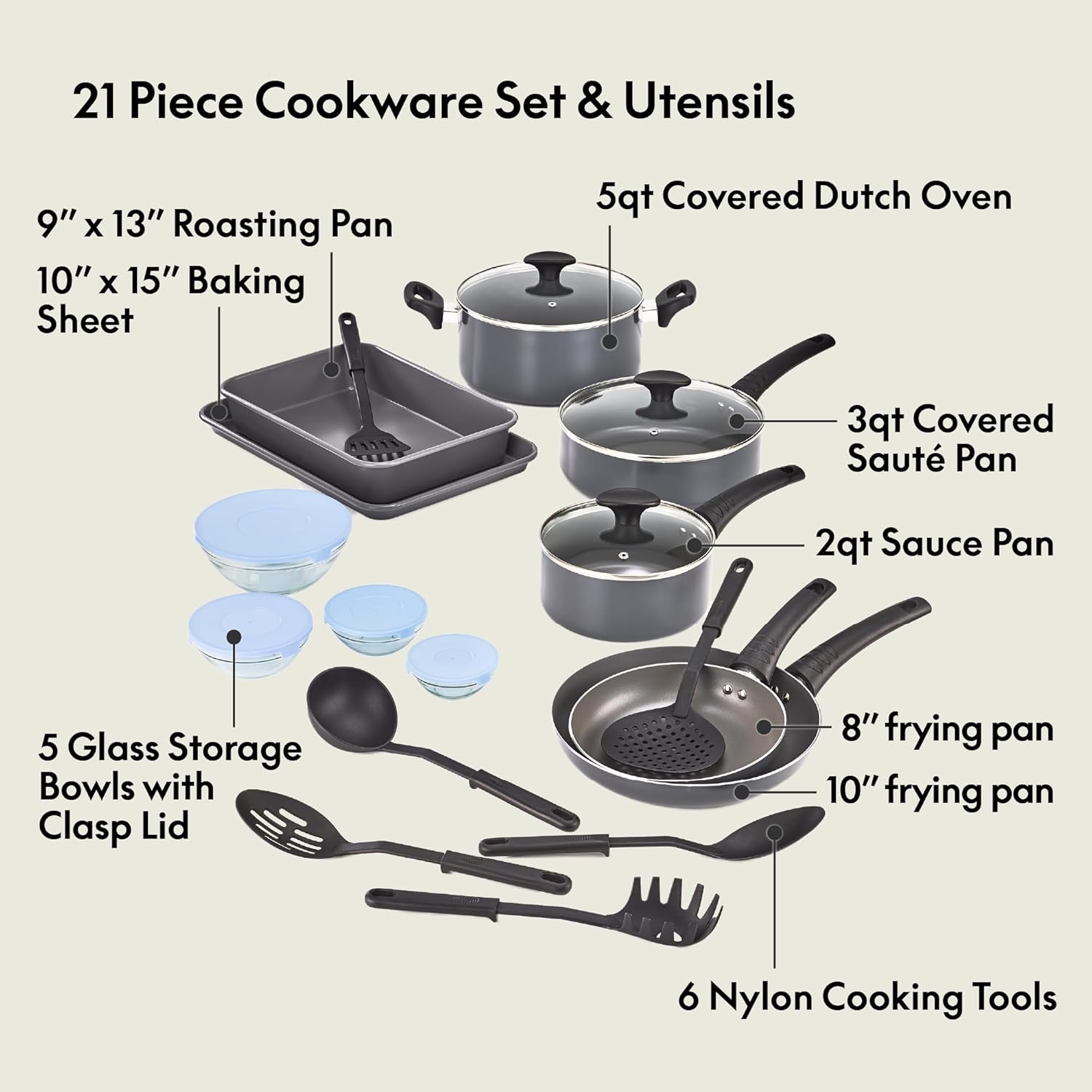 bella Cookware Set with Glass Lids with Nonstick, PFOA Free and Scratch Resistant Surface, Aluminum Bakeware, Pots and Pans, Storage Bowls & Utensils, Compatible with All Stovetops, 21 Piece, Gray - Image 3