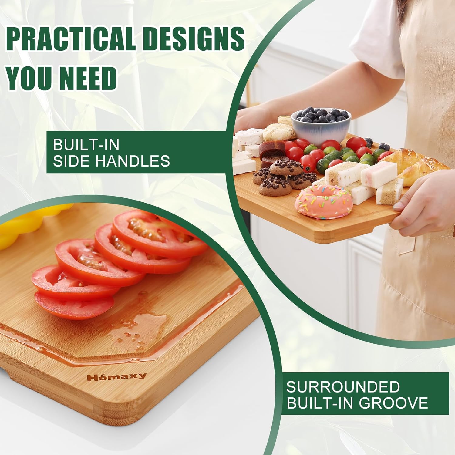 Homaxy Extra Large Organic Bamboo Cutting Boards for Kitchen, 18"x12" Wooden XL Cutting Board with Juice Groove and Handles, Charcuterie Butcher Block Wood Serving & Chopping Board - Pre Oiled - Image 5